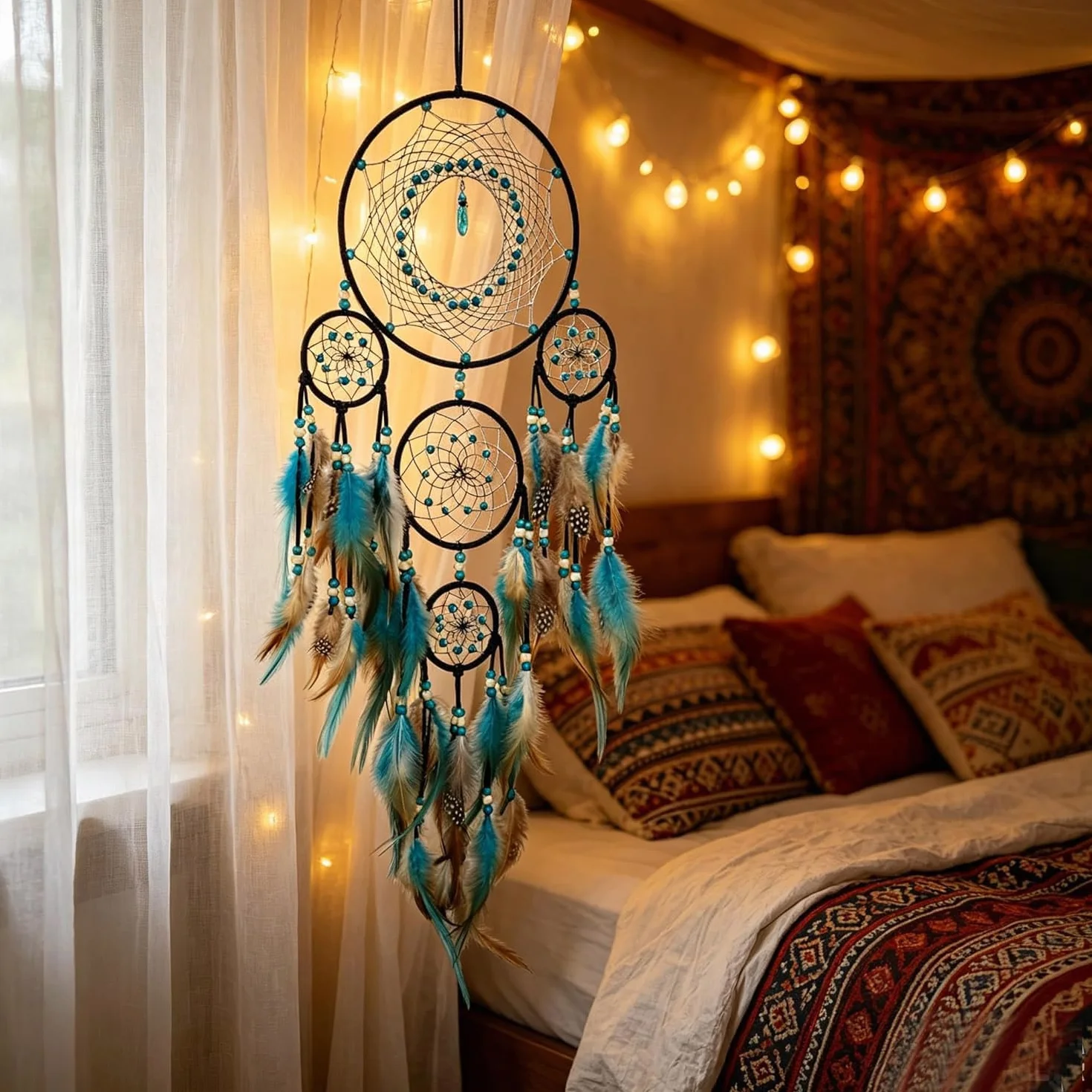 Acchiappasogni grande nero boho decorazione da parete con turchese ornamento da appendere per camera da letto adulto regalo