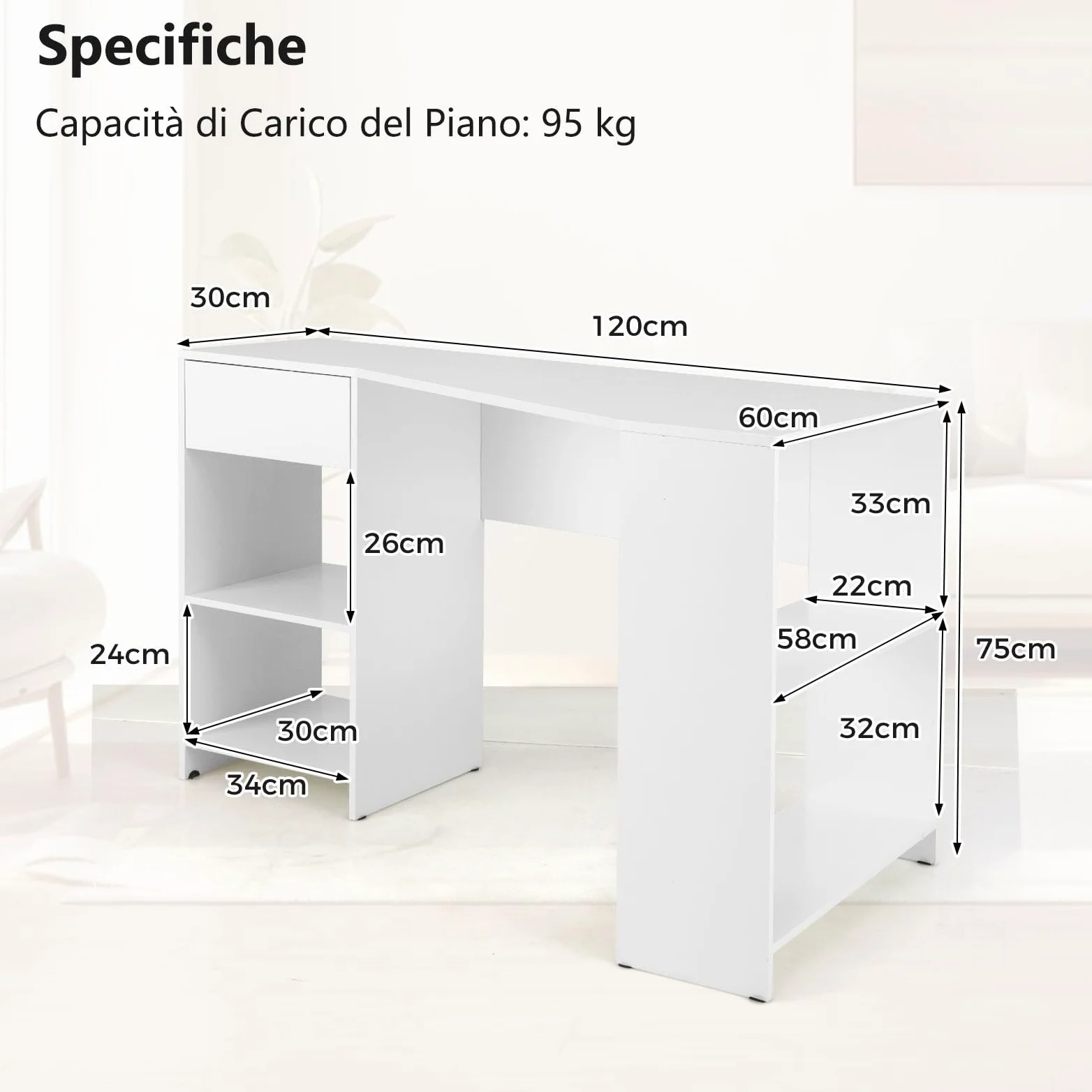 COSTWAY Scrivania ad Angolo per Computer 120 x 60 cm, Scrivania a Forma di L con Ripiani e Cassetto, Scrivania Angolare Gaming Salvaspazio per Ufficio, Studio e Cameretta, Bianco