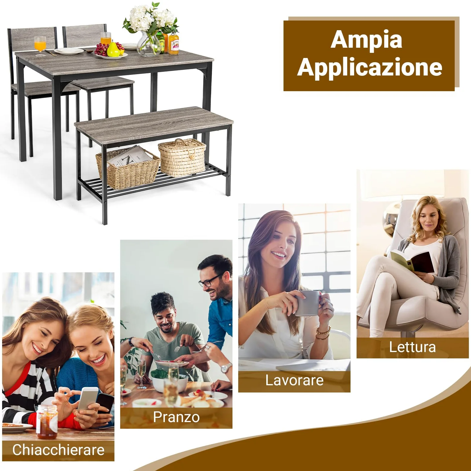COSTWAY Set Tavolo e Sedie da Cucina 4 Pezzi, Tavolo da Pranzo con 2 Sedie e 1 Panca, Set Mobili da Cucina Salvaspazio con 4 Posti, per Sala da Pranzo e Soggiorno (Rovere grigio)