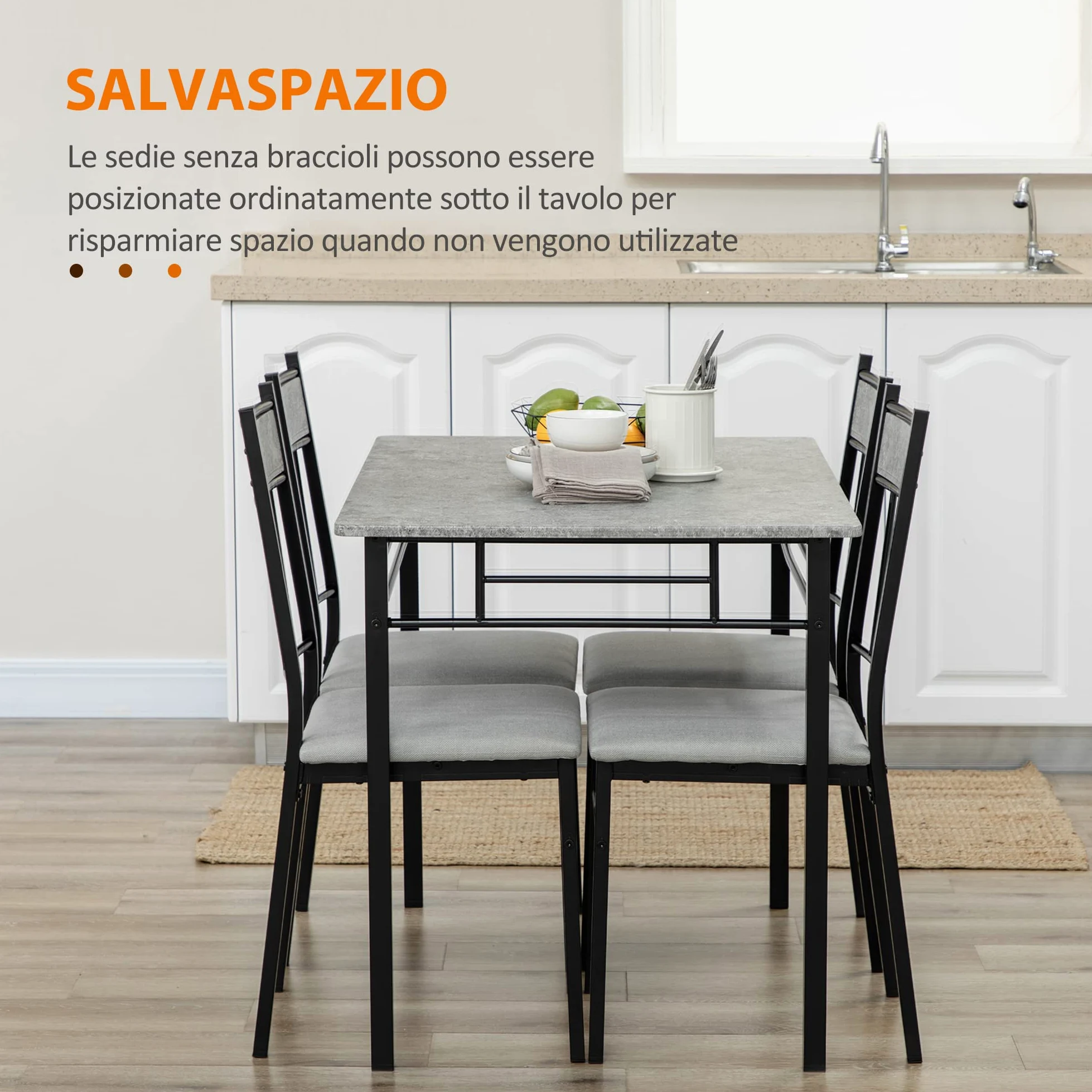 HOMCOM Set Tavolo e Sedie 5pz, Tavolo da Pranzo Rettangolare in Metallo e MDF e 4 Sedie da Pranzo con Seduta Imbottita in Gommapiuma e Poliestere