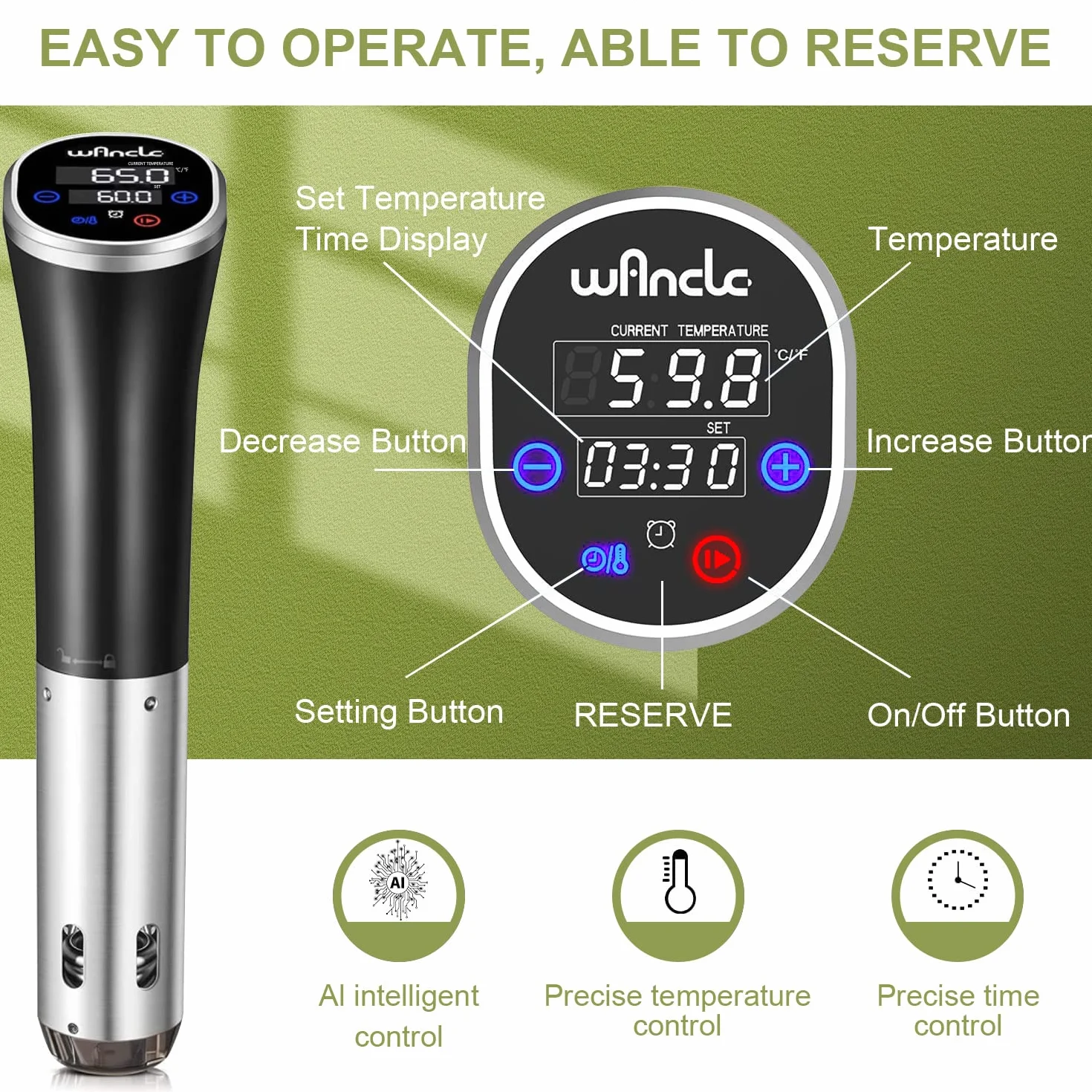 Wancle Sous Vide Roner Cucina a Bassa Temperatura 1100W IPX7 Impermeabile con Funzione di Prenotazione