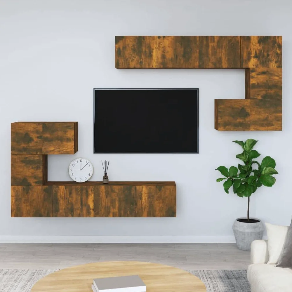 Mobile TV da parete in legno di rovere affumicato, mobile pensile decorativo per TV, con molto spazio per chiavi e blocchi appunti, superficie facile da pulire