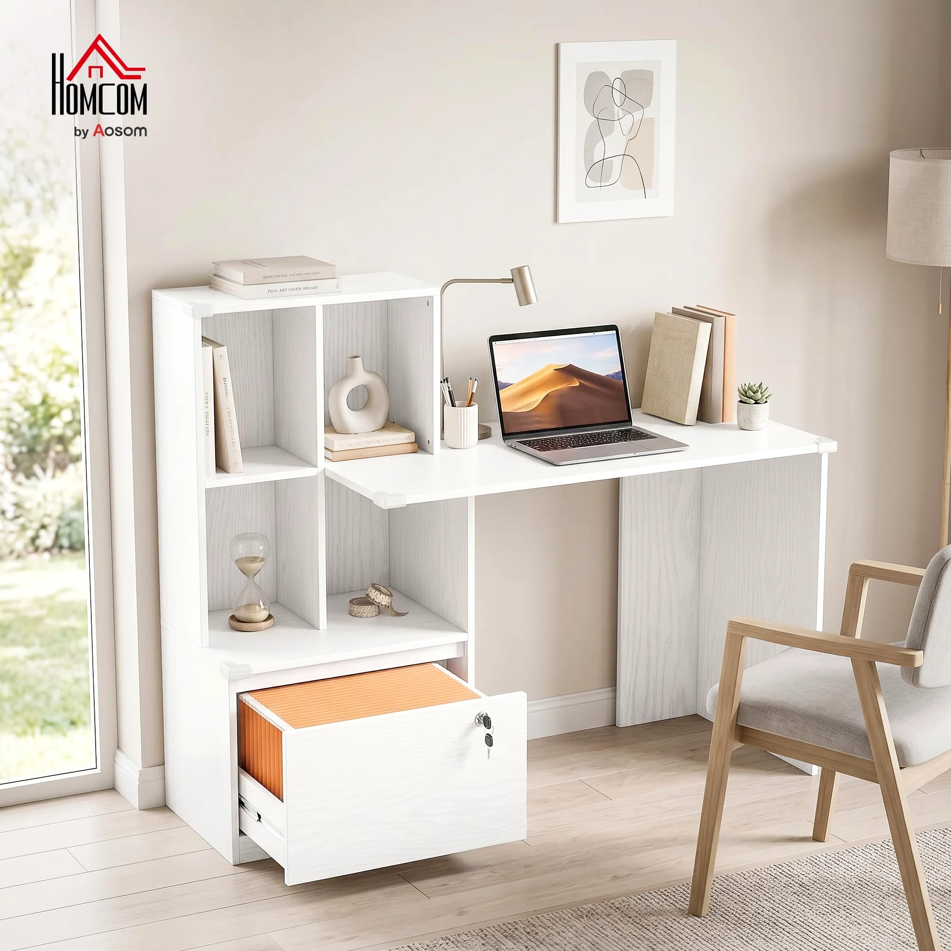 HOMCOM Scrivania 126 cm con cassetti bloccabili, grana del legno bianca | Scrivania per home office, libreria, scrivania, per camera da letto, studio