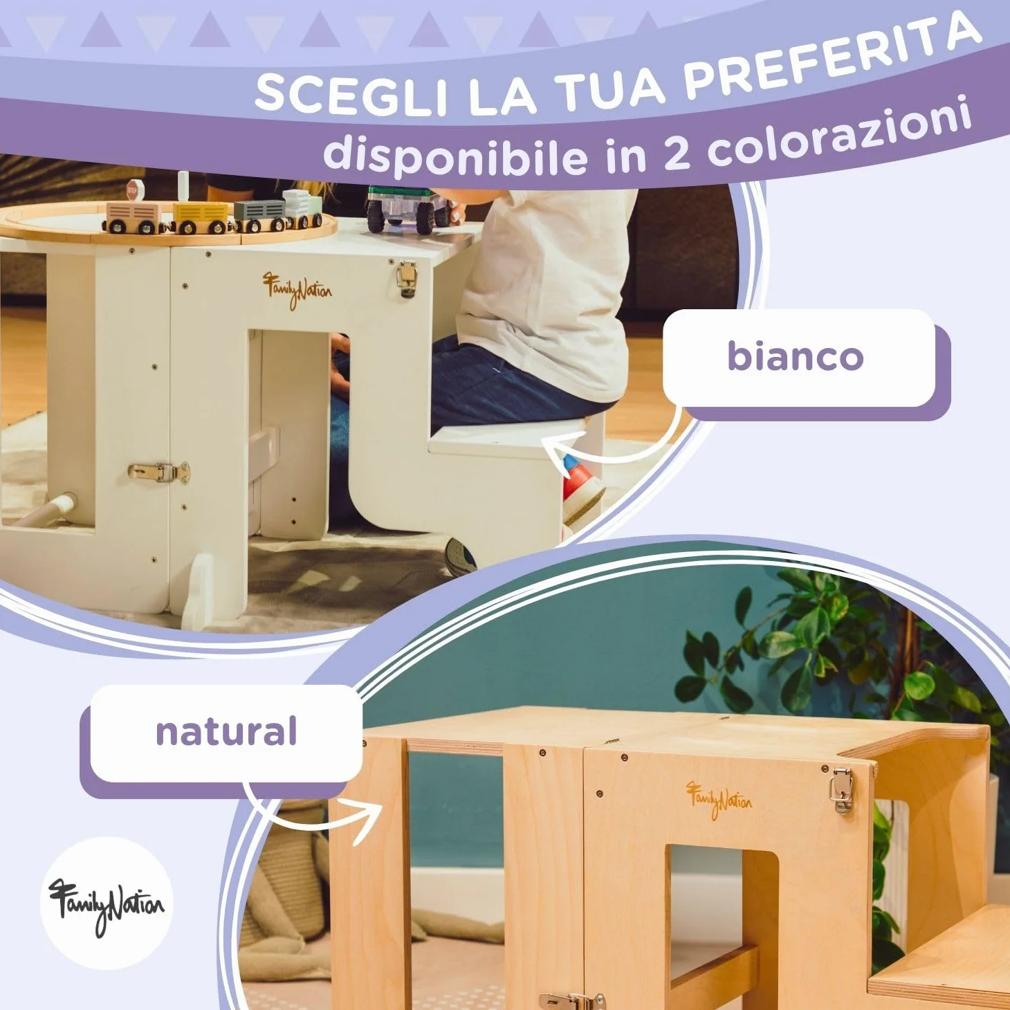 Family Nation, Torre Montessoriana 2 in 1, Convertibile in Tavolo e Sedia, per Bambini da 1 Anno di Età, Struttura in Legno con Supporto Extra, Bianca, 42x45x86 cm