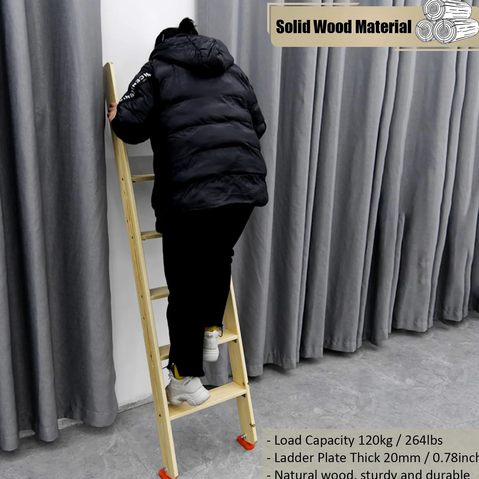 Scala per Letto a Castello con gradini Larghi 3,9" e Ganci, staffe e Piedini in Gomma, Scala di Ricambio Leggera, Scala in Legno per Letto a soppalco Matrimoniale per dormitorio, Camper, Cam