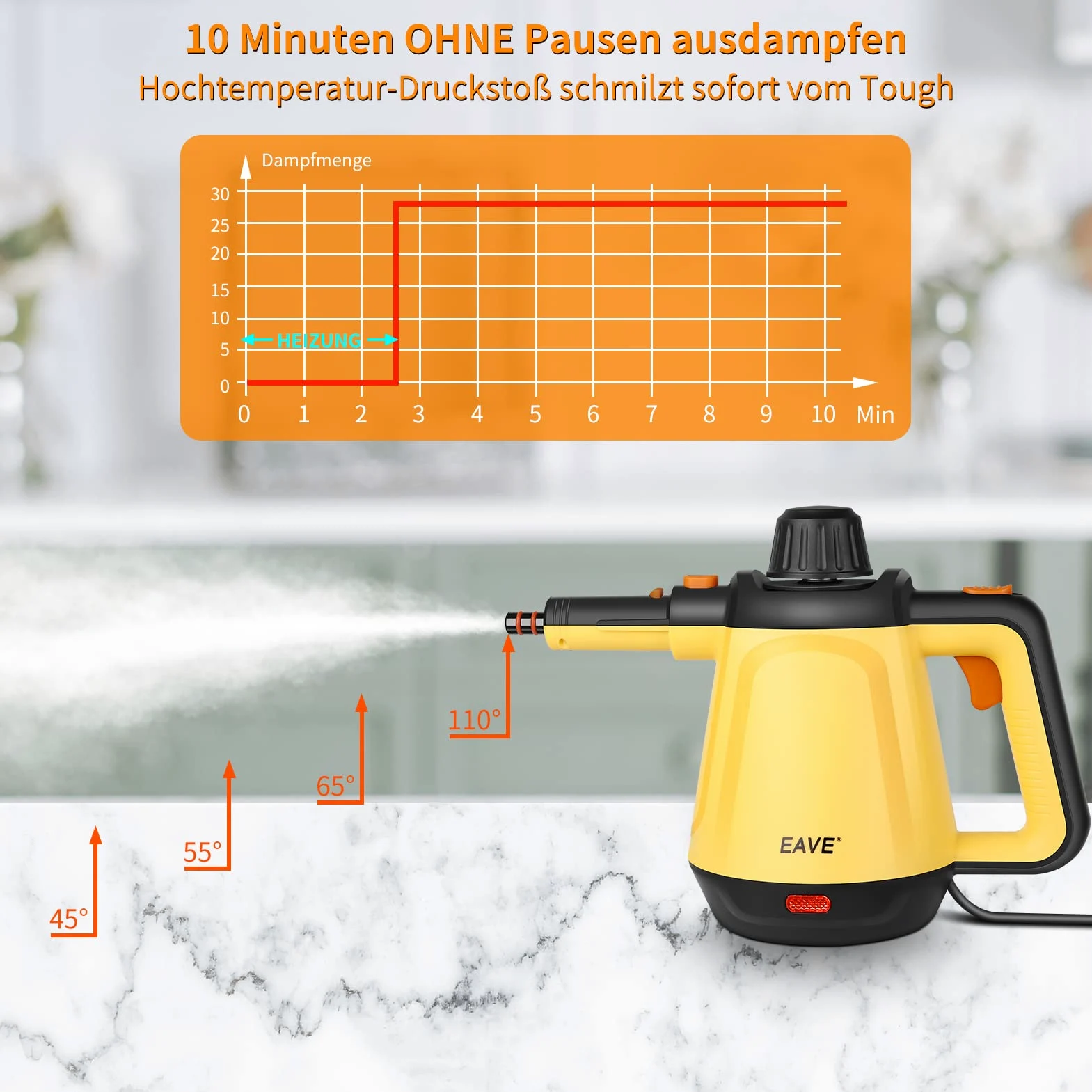 EAVE Pulitore a Vapore Portatile, 110℃ Vaporetto Portatile per una Pulizia Efficiente, Versatile Vaporetto con 10 Accessori e un Cavo 5 m, per Divani, Tappeti, Fessure, Pulizia Senza Chimica (Giallo)