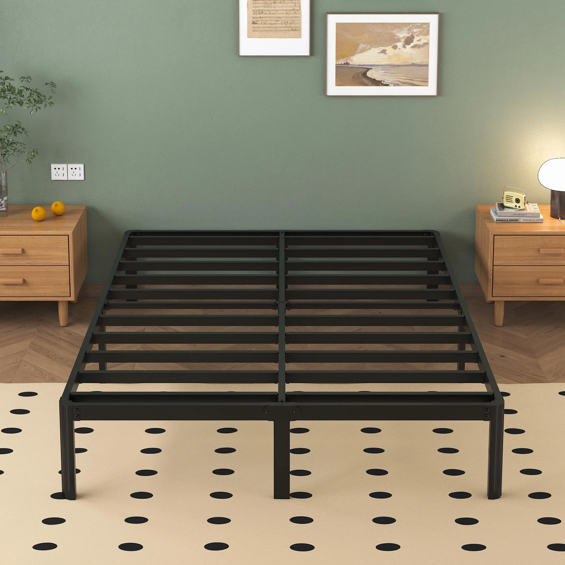 Lutown-Teen Struttura Letto Matrimoniale 180 x 200 cm, Con Gambe Rotonde- Altezza 36 cm, Rete Matrimoniale a Doghe in Metallo, Nero