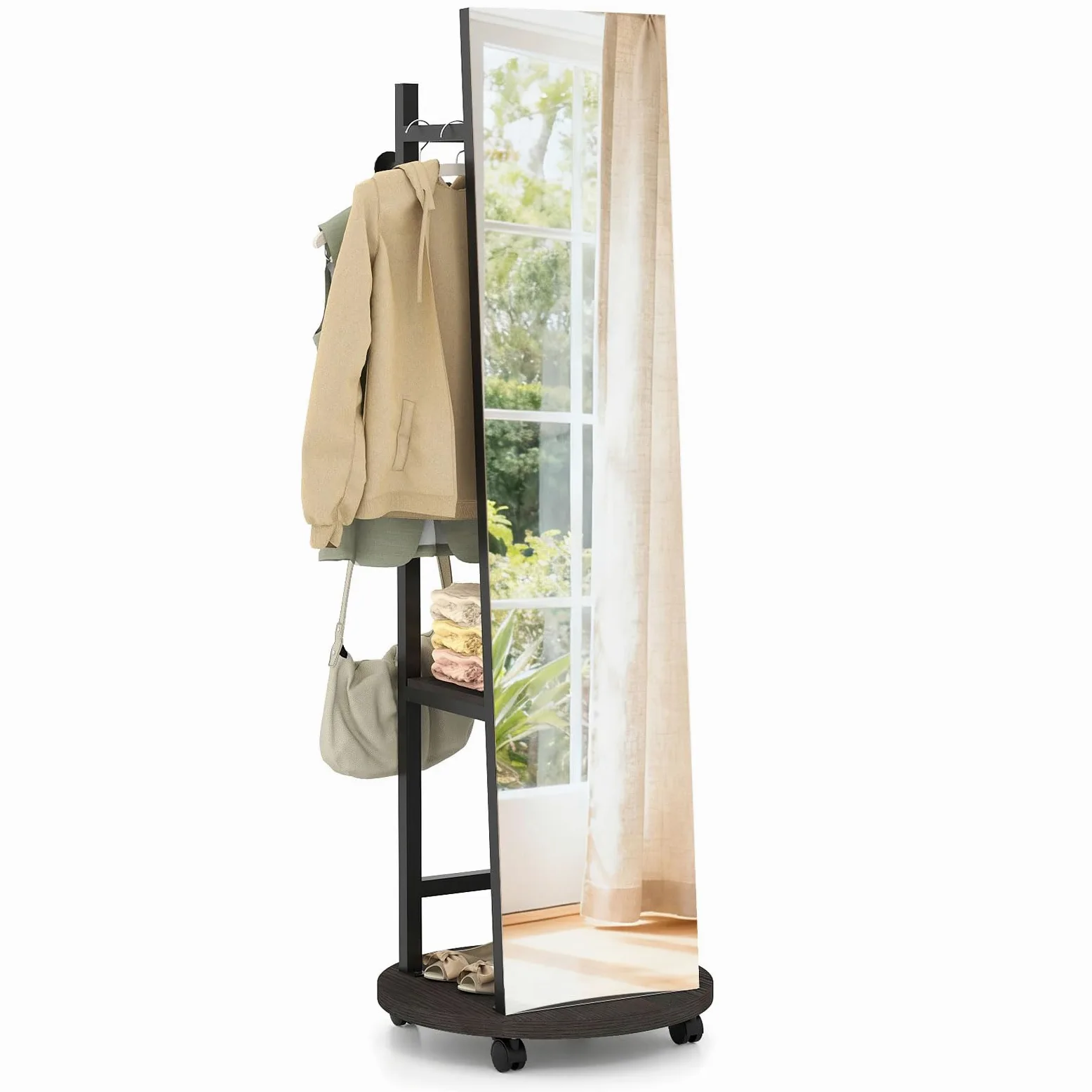 GIANTEX Specchio a figura intera, specchio da terra con appendiabiti, 45 x 135 cm, grande specchio con vetro infrangibile, ganci, ripiani, ruote, per ingresso, soggiorno, camera da letto (nero+noce)