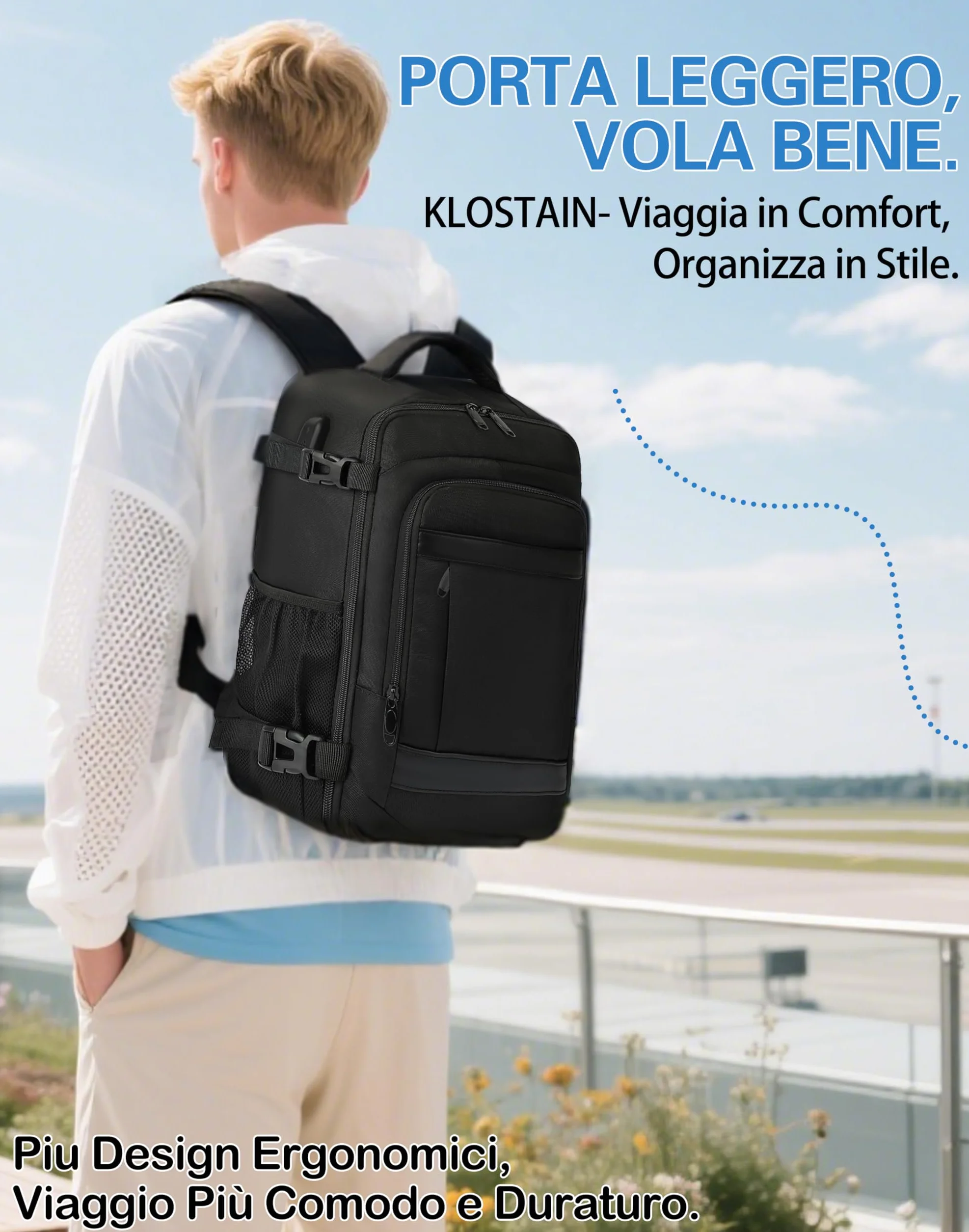 KLOSTAIN Zaino Ryanair 40x20x25 Bagaglio a Mano 20L Borsa da Cabina Nero