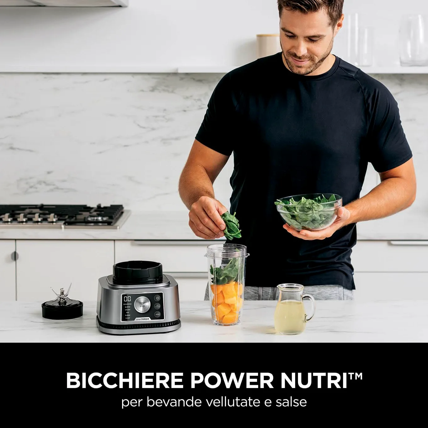 Ninja Foodi Frullatore Power Nutri 3 in 1,1200 W, caraffa da 2,1L, tazza 700ml e ciotola 400ml con Power Paddle, per frullati, creme dense e bibite ghiacciate, argento, CB350EU