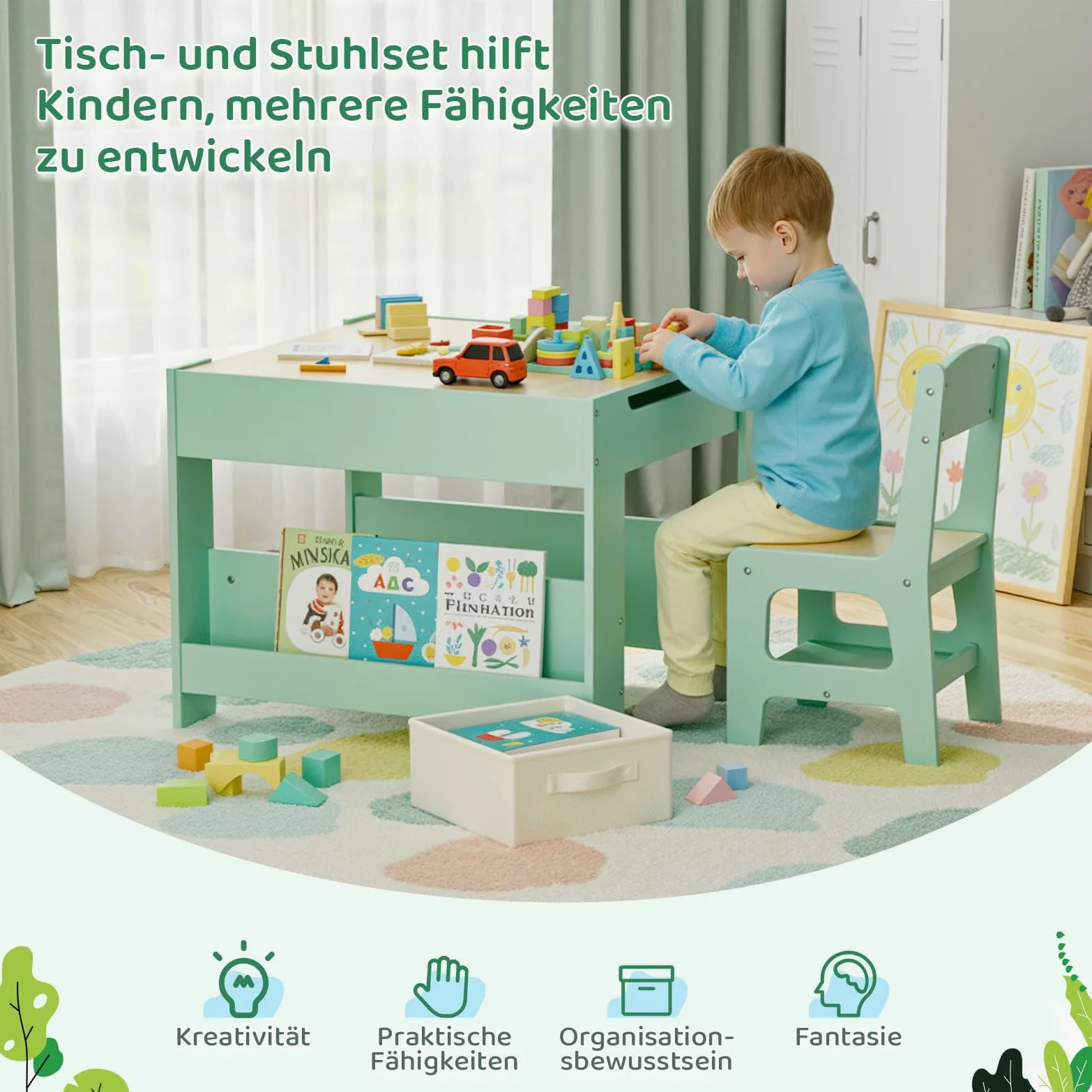 MAMIZO Tavolo per bambinicon 2 sedie, 3 in 1 Set tavolo e sedie, Mobili in legno per bambini con contenitori e librerie, Tavolo da gioco e attività, Tavolo da disegno, 3-7 ann (Verde)