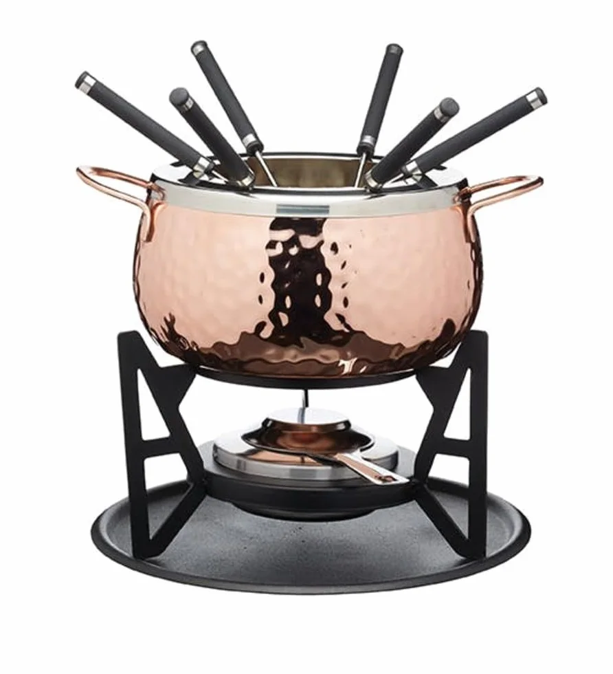 Artesà Set Fonduta Acciaio Inox Ciotola Ceramica Supporto Metallo Bruciatore Doppio Combustibile Cioccolato Formaggio Carne