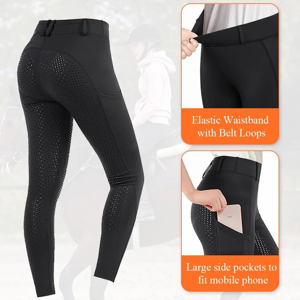 Leggins da Equitazione Donna con Rinforzo Silicone e Tasca, Pantaloni a Vita Alta HOTUT