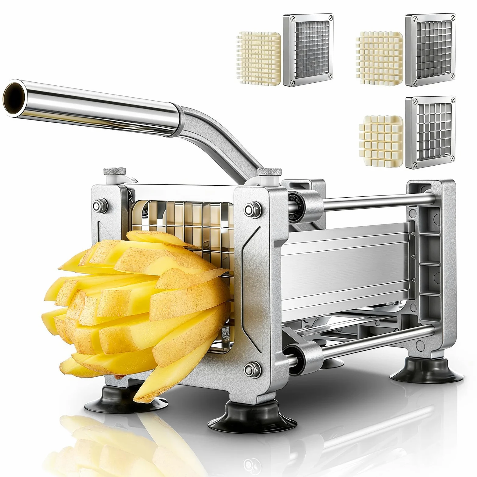 FOHRER Tagliapatate Professionale in Acciaio Inox con 3 Lame (13, 9, 6 mm) per Patate Intere, Carote, Cetrioli, Cipolle e Patate Fritte (Argento)
