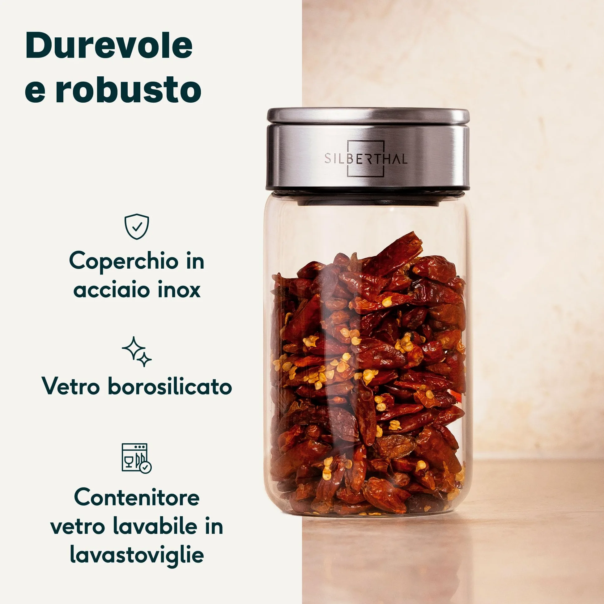 SILBERTHAL Set 12 barattoli porta spezie in vetro 300 ml – Coperchio inox