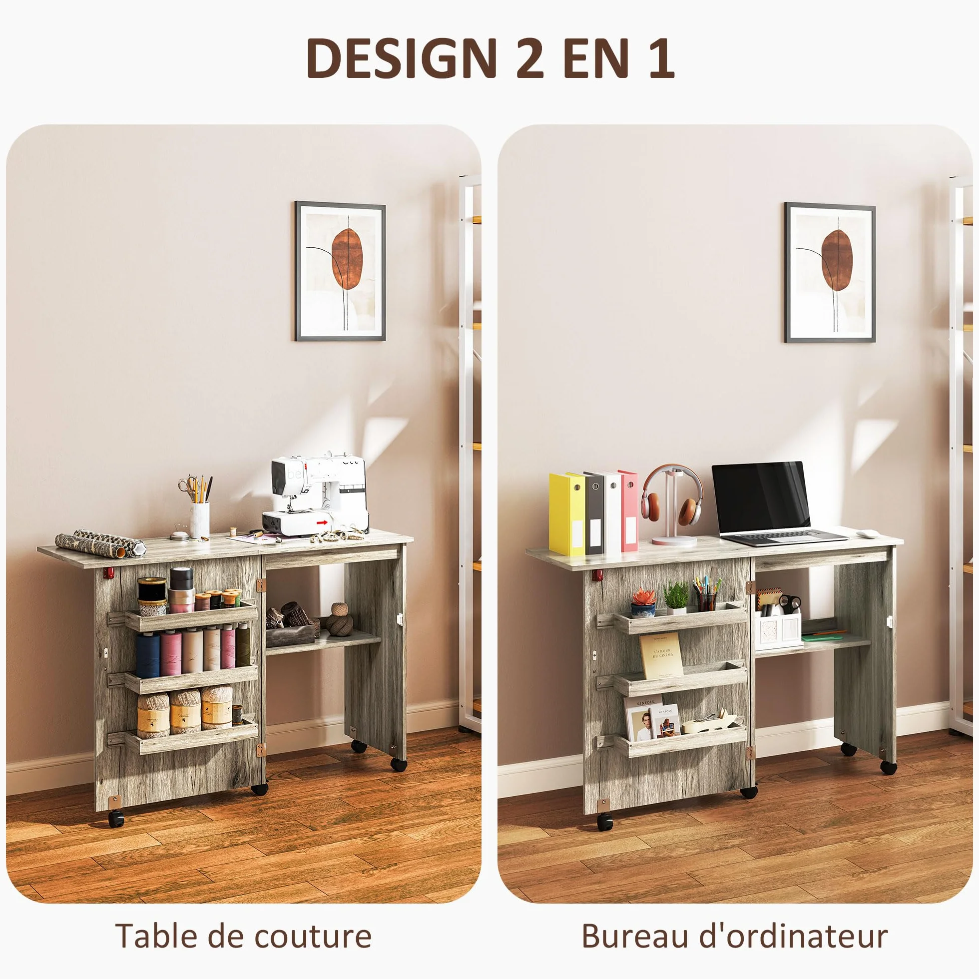 HOMCOM Tavolo da cucito pieghevole, mobile da cucito con cassetti portaoggetti, ripiano aperto e ruote, mobile per macchina da cucire, per soggiorno, ufficio, 117 x 40 x 77,5 cm, effetto legno grigio