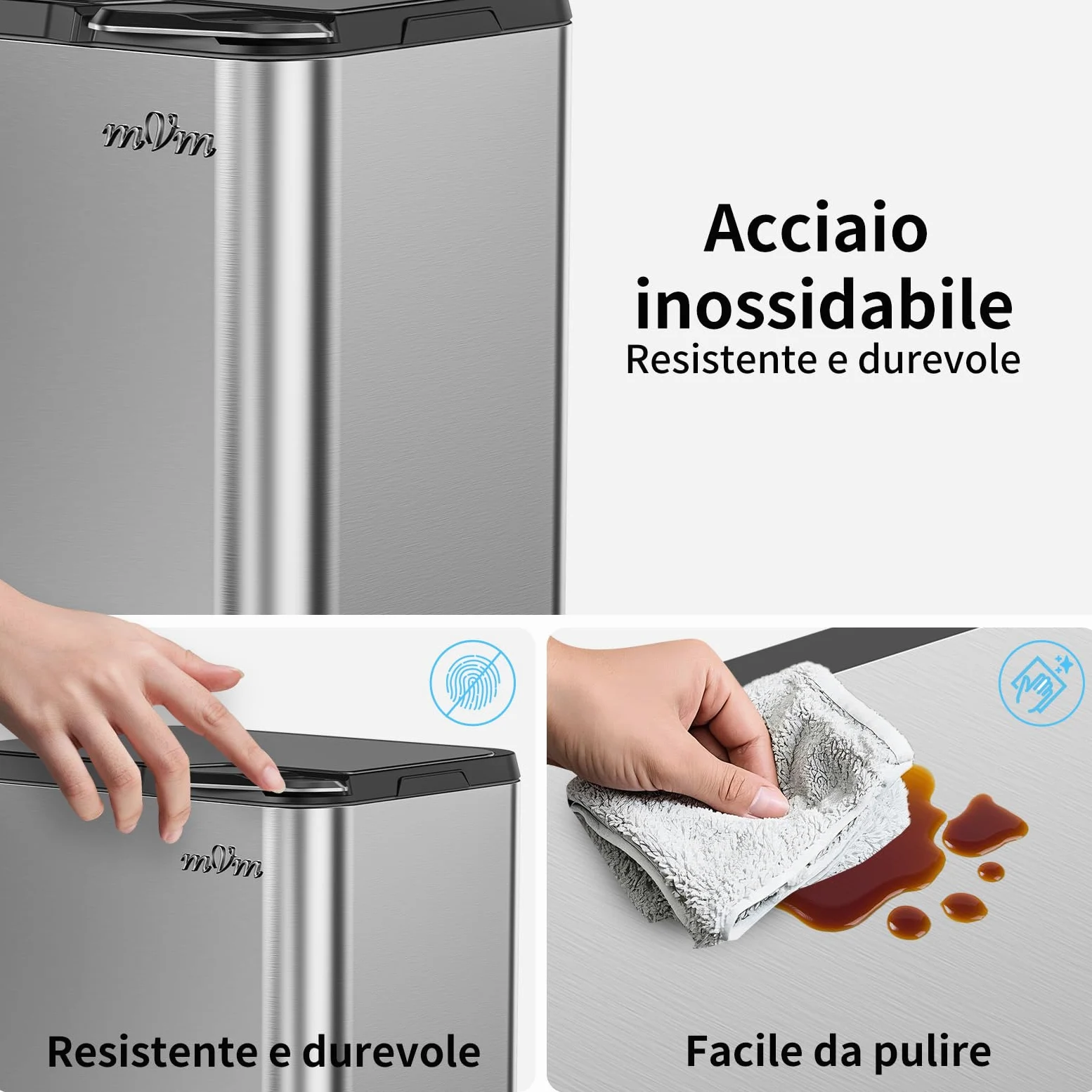 mVm Cestino da Cucina, 63L Pattumiera Tripla per Riciclaggio a Pedale, Pedali e Secchi Interni, Pattumiera Differenziata, Cestino Triplo in Acciaio, Grigio