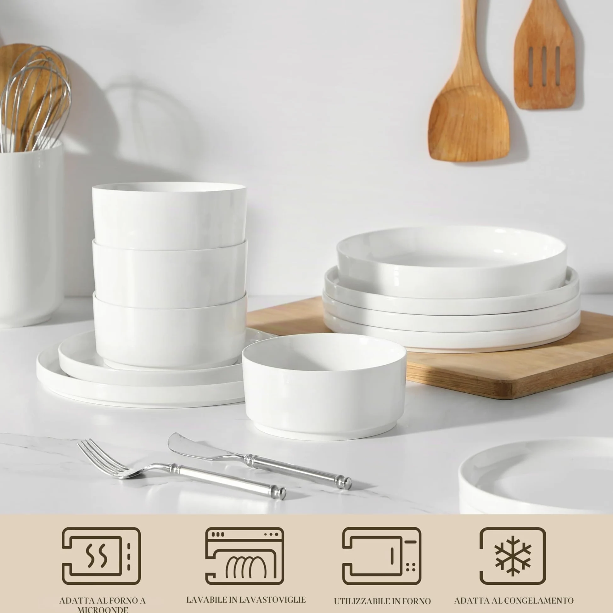 MALACASA Servizio di Piatti in Porcellana per 6 Persone, 24 Pezzi con Piatti Piani ∅ 26 cm e Piatti da Dessert ∅ 21 cm, Ciotole per Cereali da 760 ml e per Pasta da 1240 ml, Colore Bianco, Serie LEAH