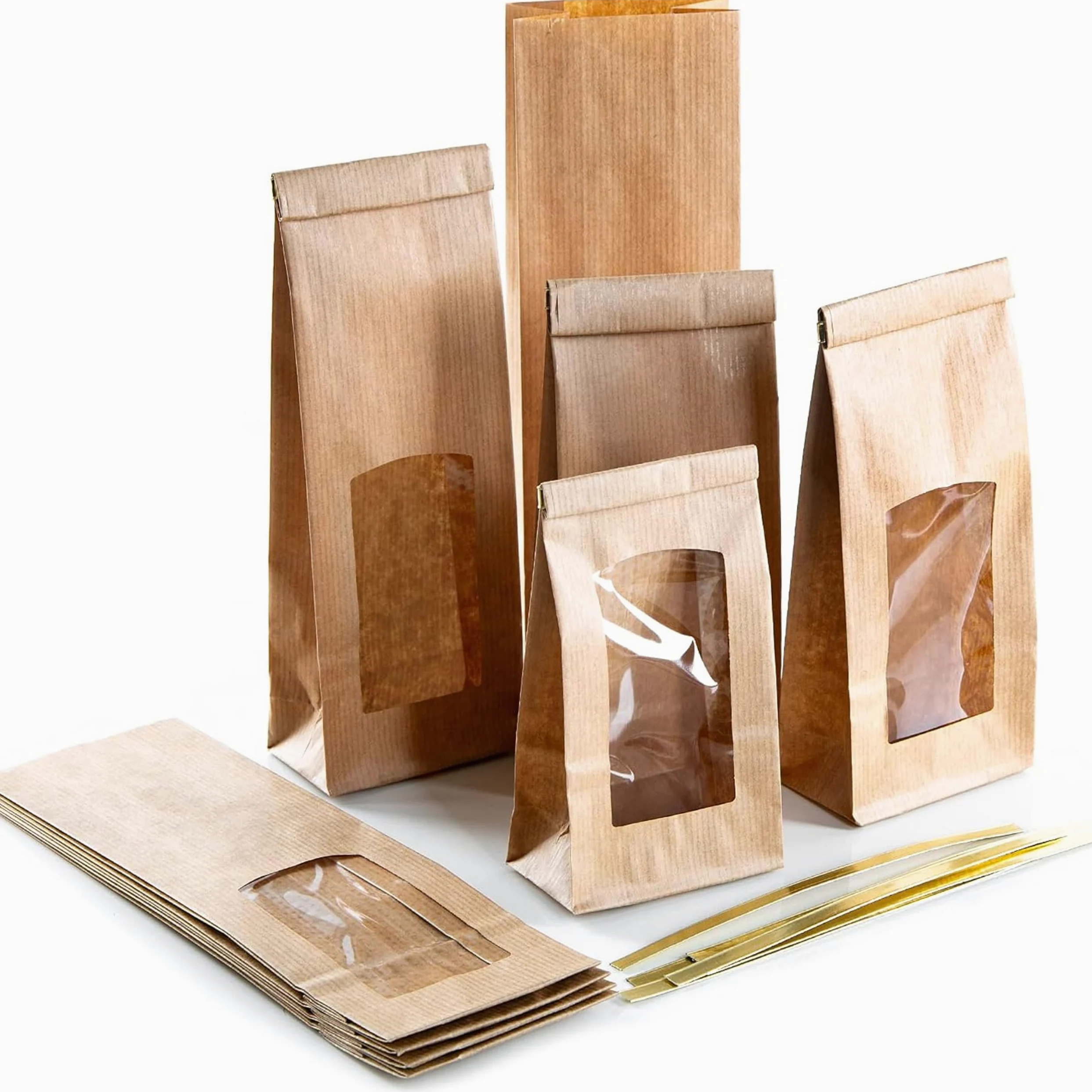 Sacchetti kraft con finestra trasparente, 100 pezzi: buste carta per alimenti con clip dorate, tè, spezie, dolci, regali fai da te, bustine blocco fondo, richiudibili, 26,5 x 8,5 x 5 cm