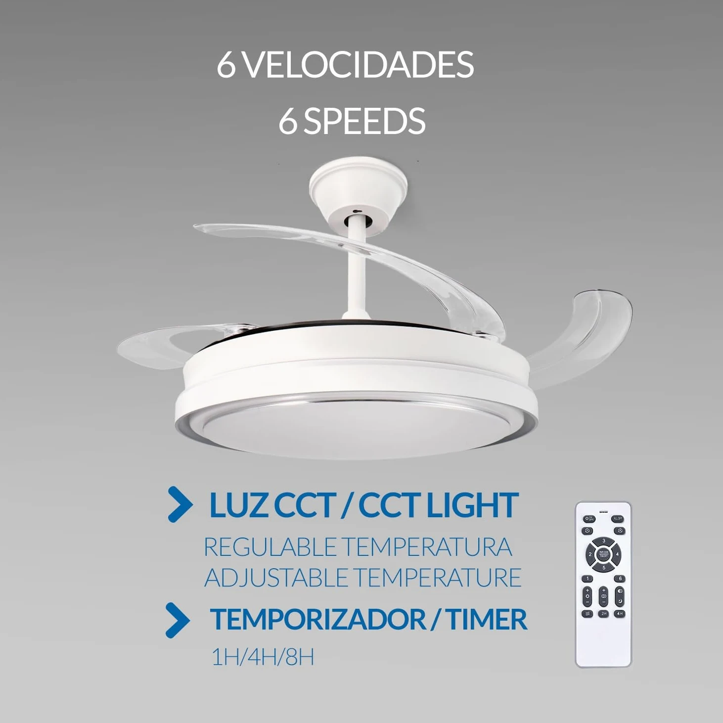 M mimotec -Ventilatore da Soffitto White Hood 70W con Luce LED Regolabile CCT, Motore DC 30W a Basso Consumo + LED 40W, 6 Velocità, Silenzioso, 4 Pale Retrattili, Estate/Inverno, Timer, Telecomando