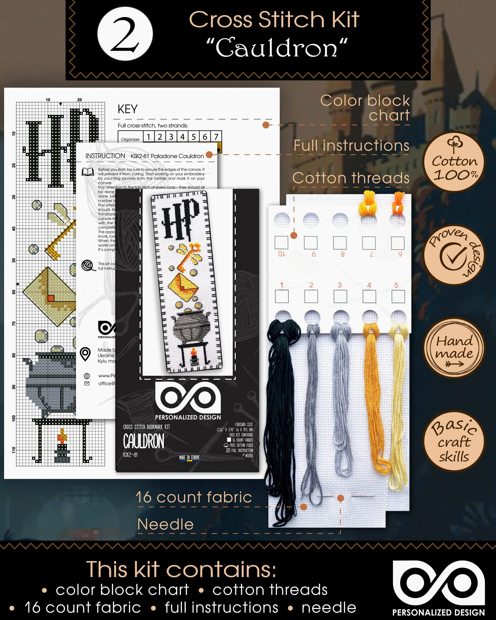 Personalized.Design Kit punto croce contato Magic World of Wizards – Segnalibri 7 in 1 fai da te ricamati a mano