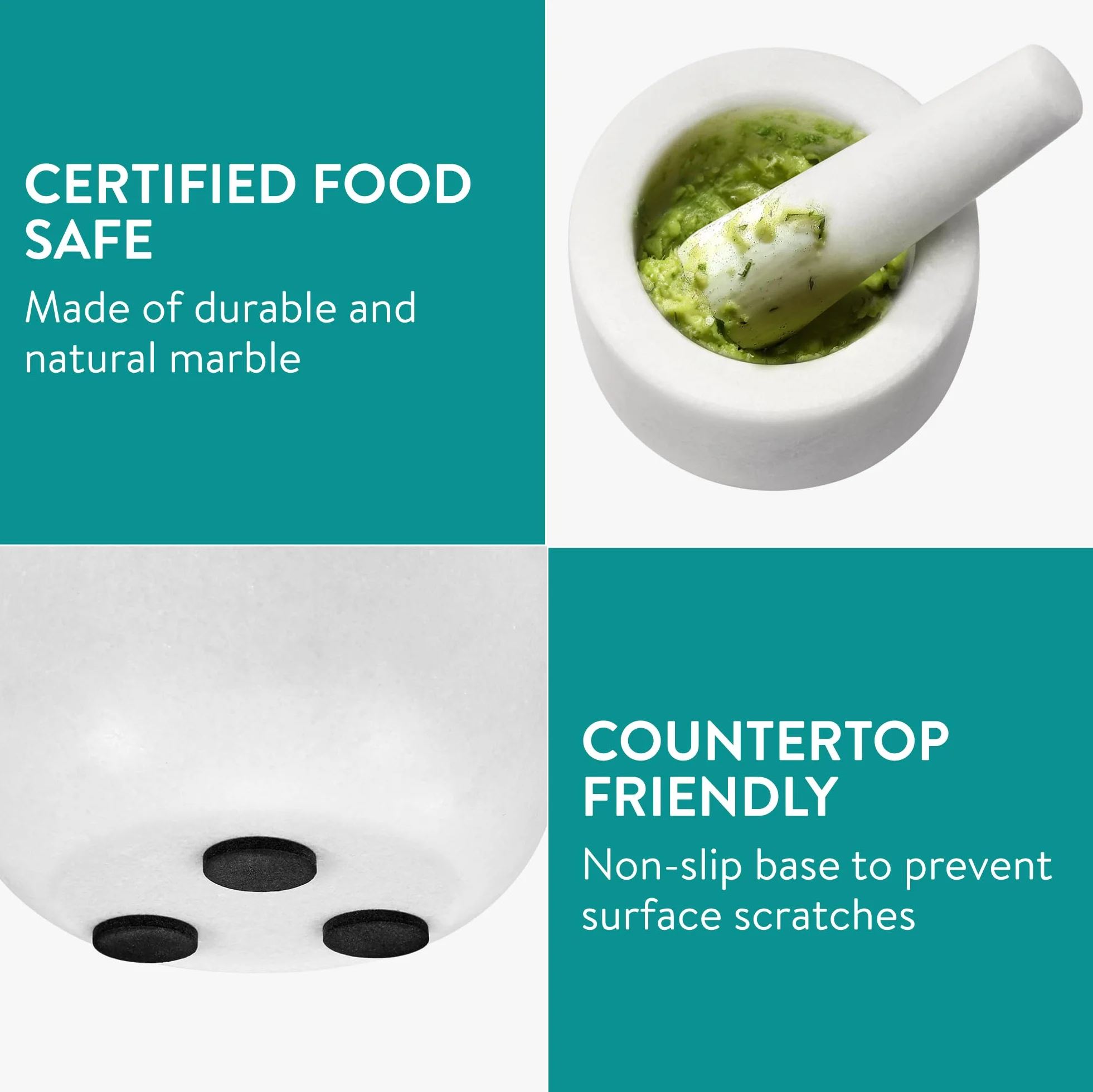 Navaris Mortaio con Pestello Marmo Bianco - Macina Spezie Manuale - Set Preparazione per Pesto e Salse - Utensili da Cucina - Ciotola Ø 8,5cm - Piedini Antiscivolo - Home Decor