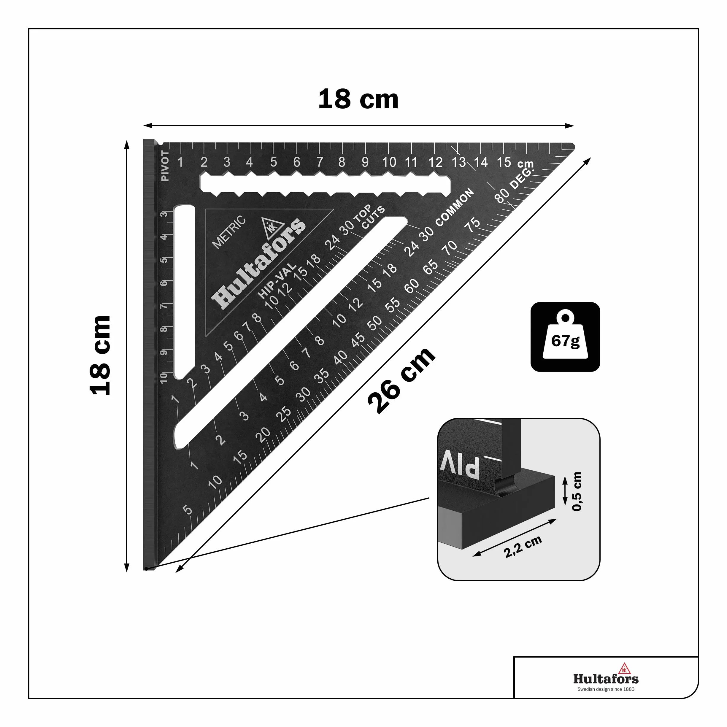 Squadra da carpentiere in alluminio Hultafors 5-in-1 180 mm fresata a CNC