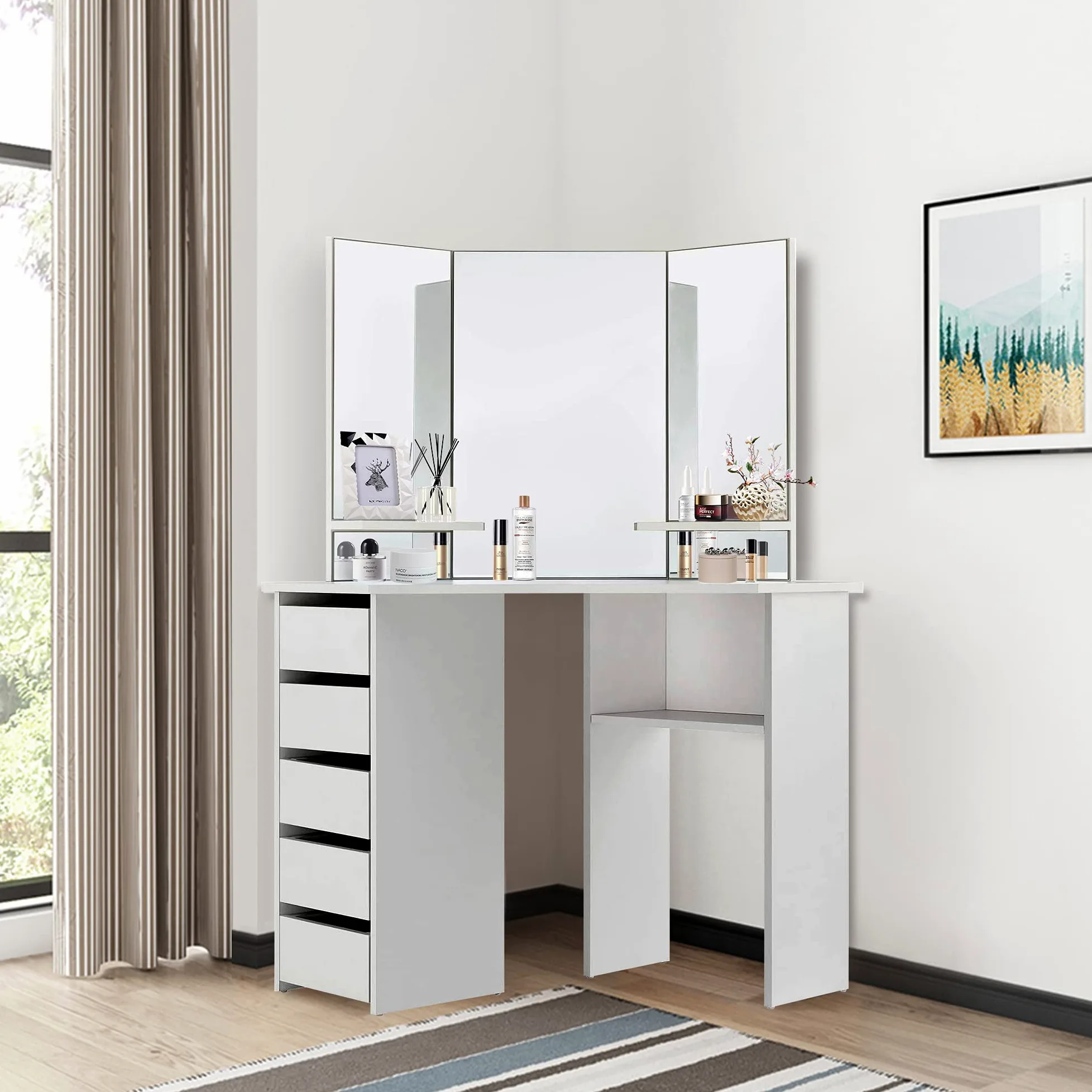 ML-Design Tavolo Cosmetico ad Angolo Bianco da Trucco con 3 Specchi 5 Cassetti e 3 Scomparti 110 x 141,5 x 54 cm Tavolino da Toelette per Donne e Ragazze Spogliatoio in Legno MDF