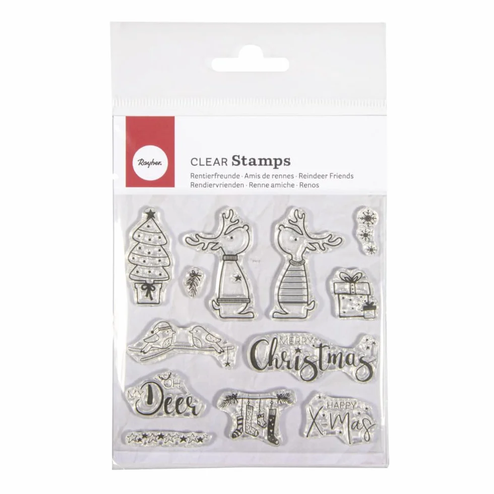 Rayher Clear Stamps Set timbri trasparenti in silicone, tavoletta 102,5x97mm, 12 motivi invernali e natalizi, amici renne, per scrapbooking e decoro, biglietti d'auguri e pacchi regalo, 50253000