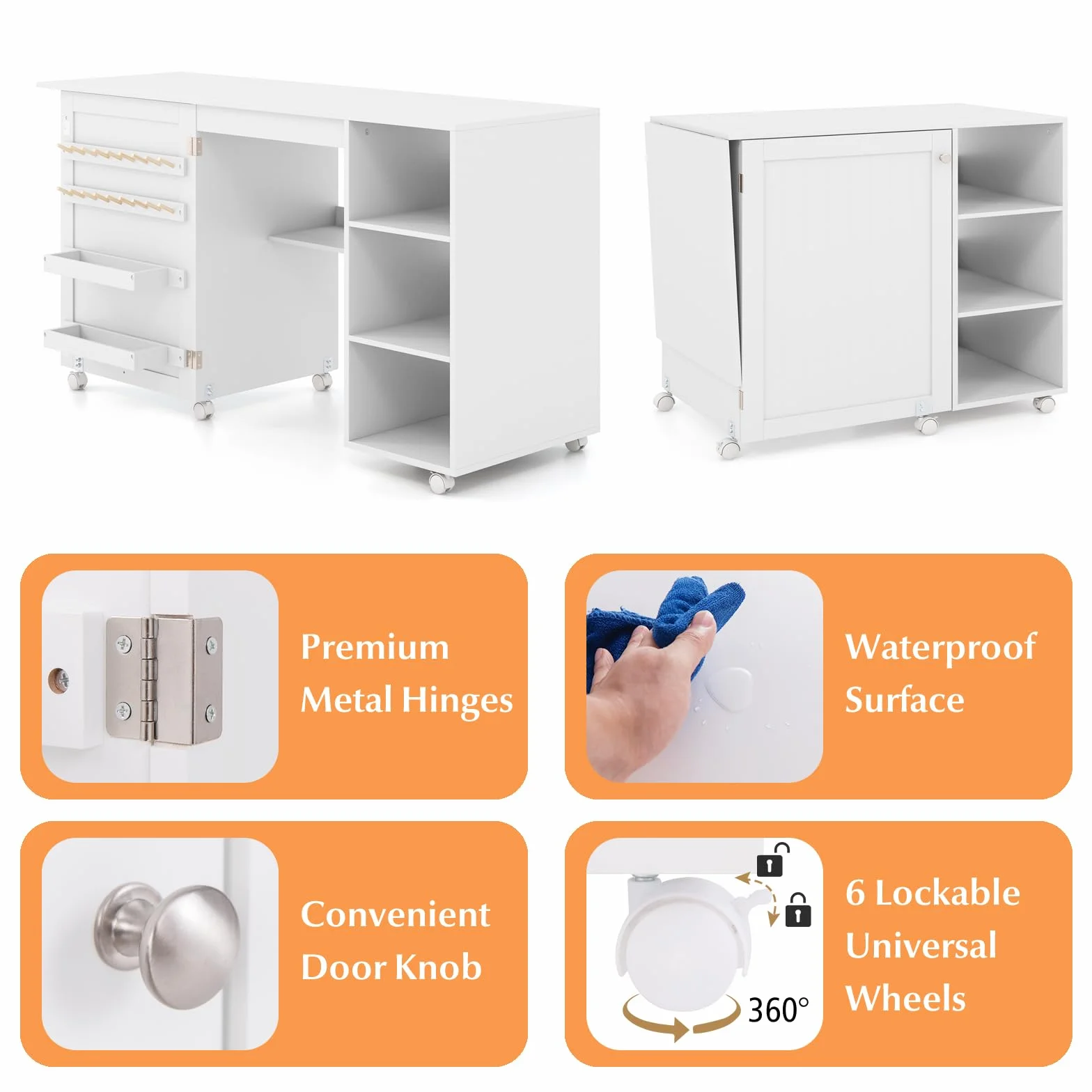 LIFEZEAL Mobile per Macchina da Cucire, Tavolo per Macchina da Cucire, con 4 Ripiani, 6 Ruote, 18 Ganci per Filo, 2 Mensole, Armadietto per Cucito, Salvaspazio, Moderno, Pieghevole, 146x50x78cm, Legno