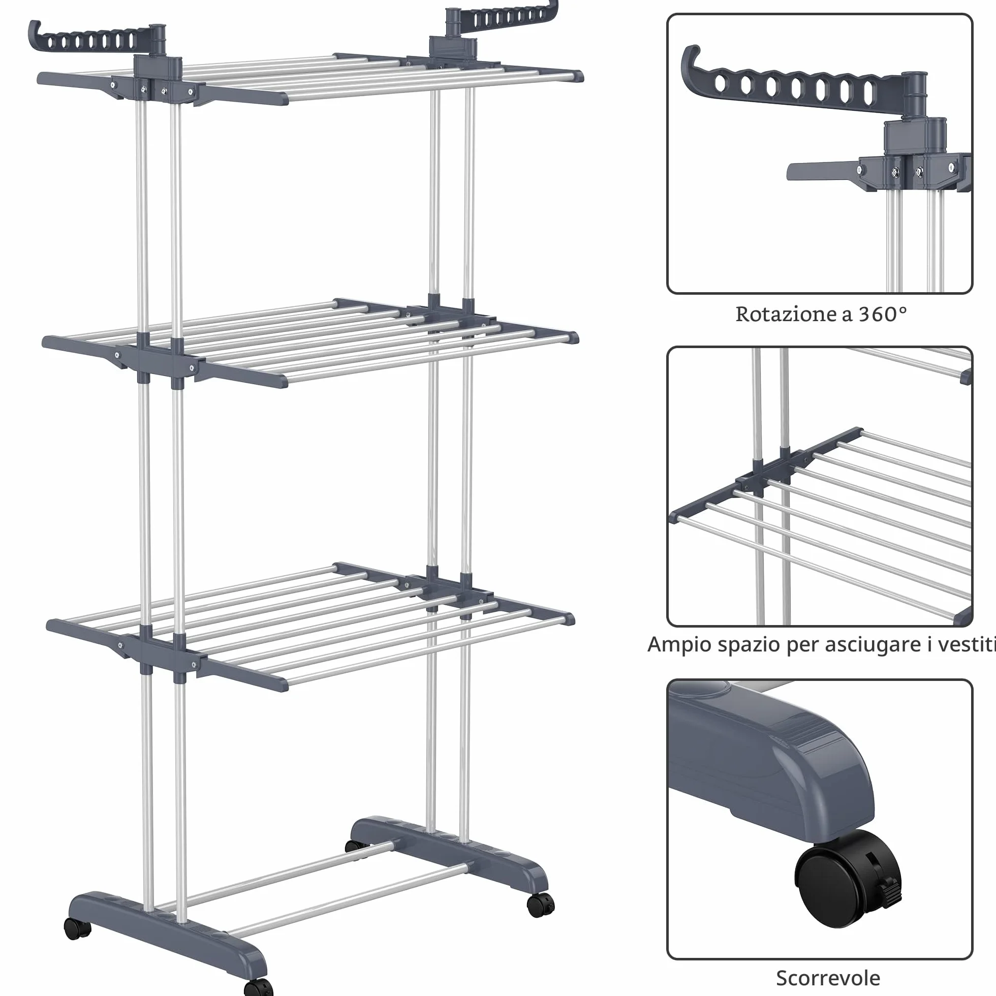 HOMIDEC Stendino 4 Livelli Verticale Allungabile con Ruote Acciaio Inossidabile Grigio