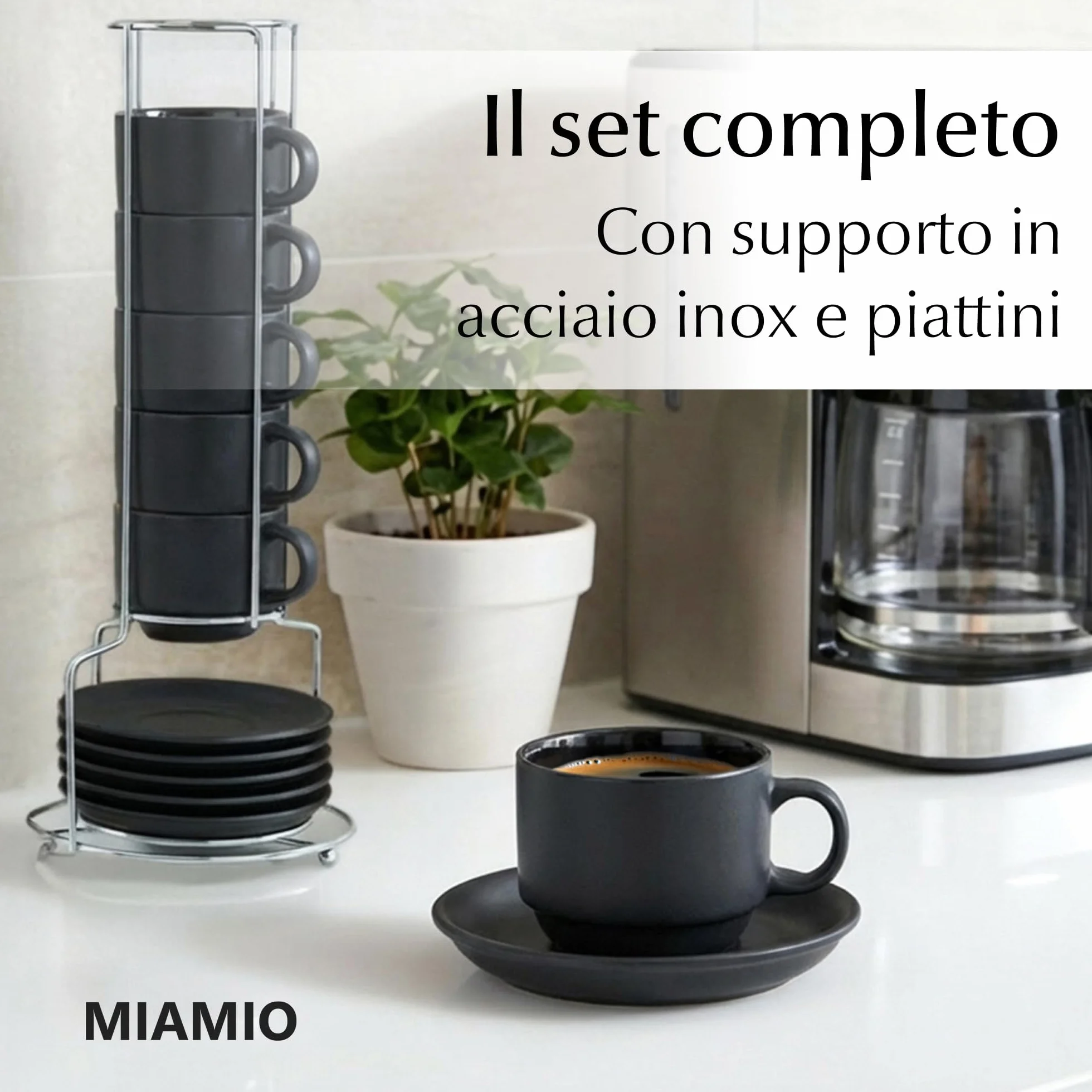 Le Papillon Collezione Set di Tazze da Caffè in Ceramica 6 x 75 ml Espresso Tazzina Impilabile Nero
