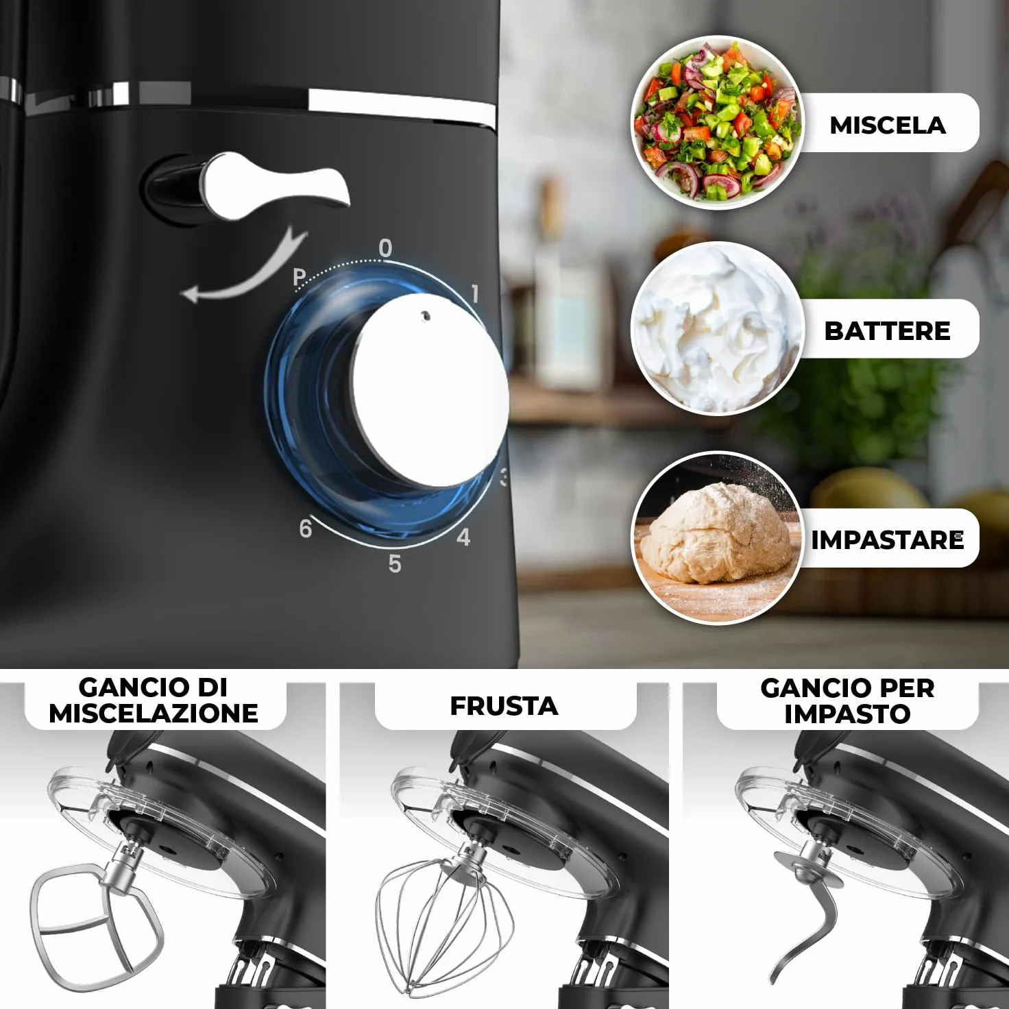 Impastatrice Planetaria con Macchina per la Pasta – 2000W – Robot da Cucina con Macchina per Pasta Fresca – Macchina Pasta - 6,2L Ciotola in Acciaio Inossidabile (Nero)