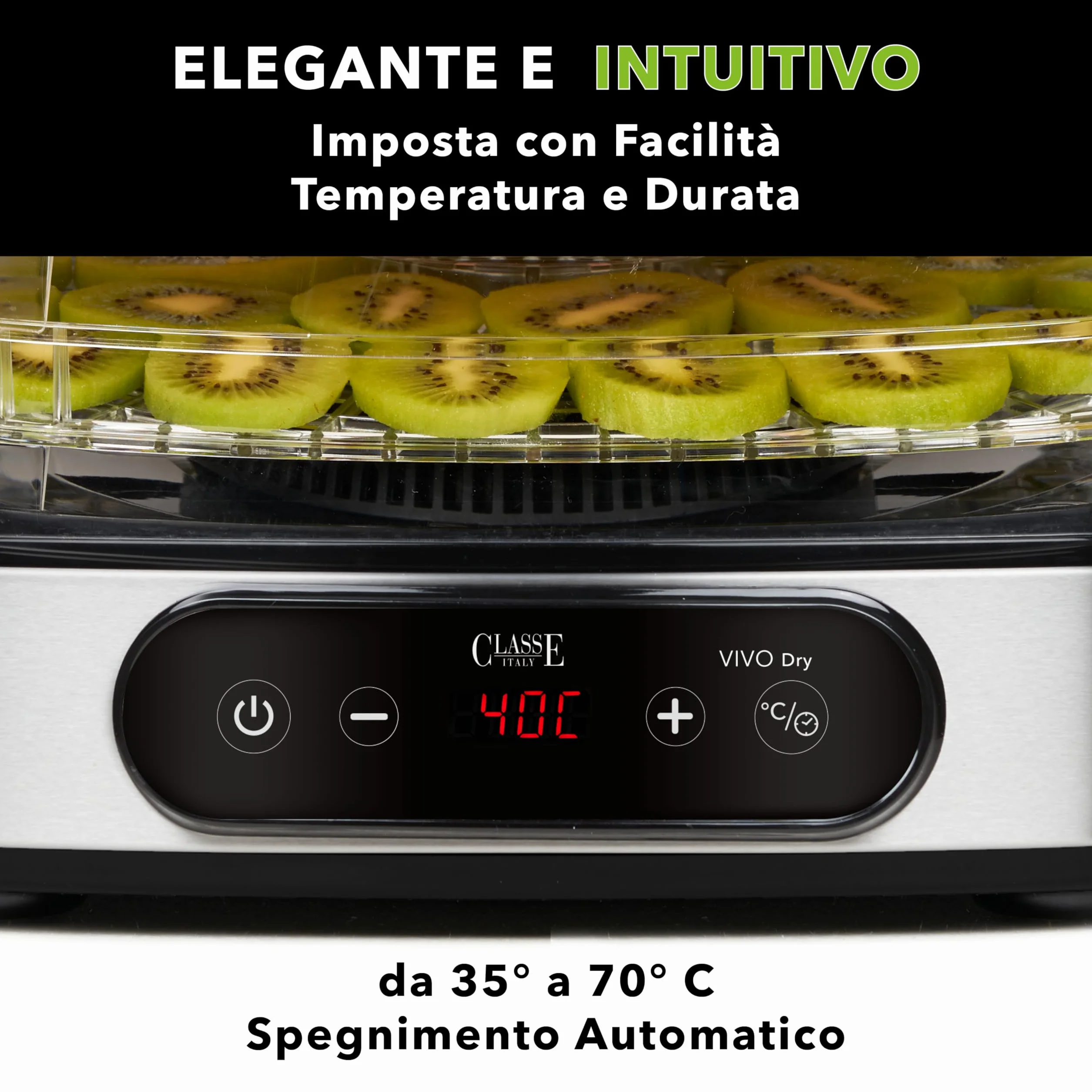 Classe Italy | Essiccatore Alimentare, Consumi Bassi, Senza BPA, GARANZIA 5 ANNI, Essiccatore Funghi, Frutta, Verdura, Carne, Pesce, Frutta secca, 380 W, 23 Litri, Acciaio