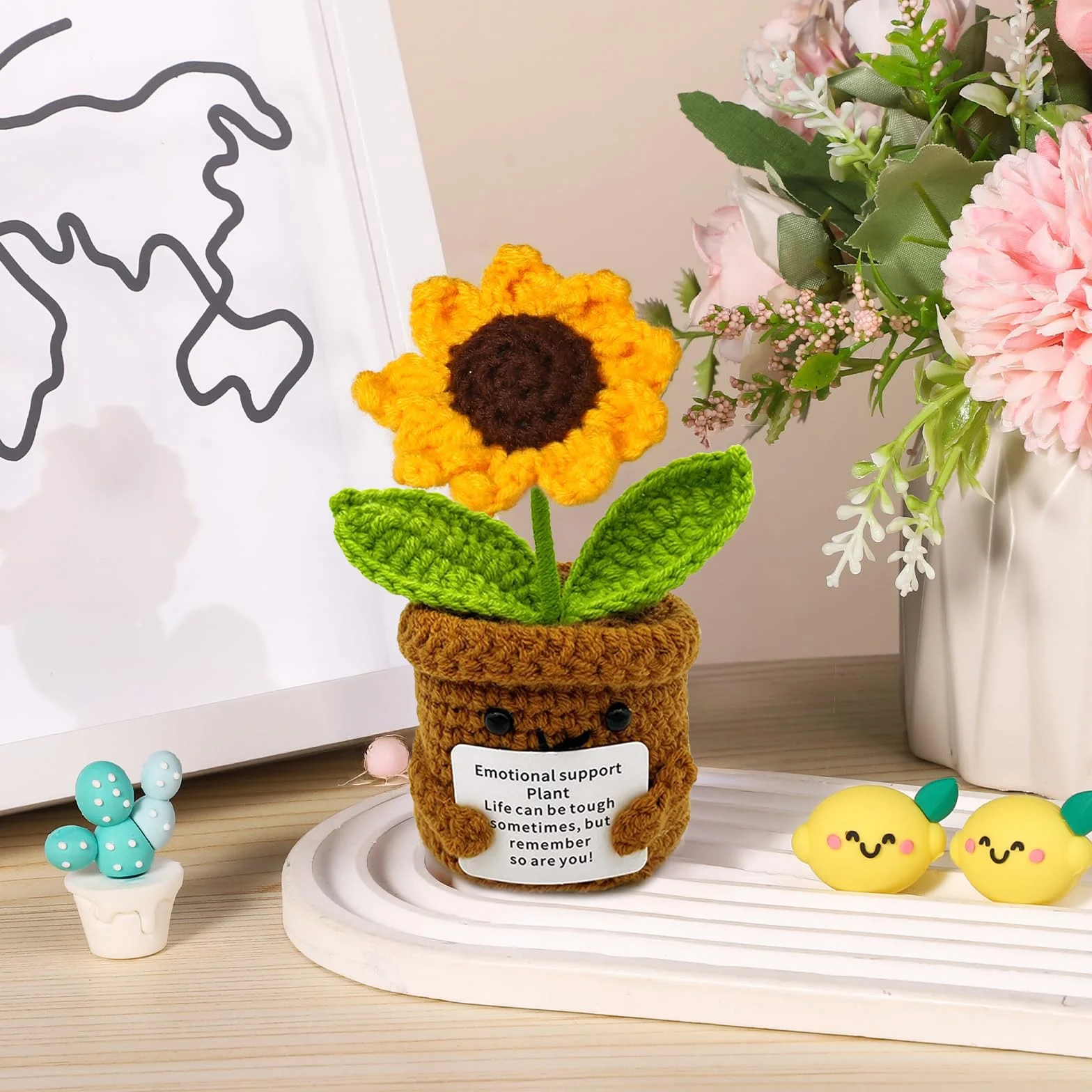 Pocket Hug Girasole - Bambola di lana fatta a mano con messaggio positivo regalo perfetto per amici colleghi e momenti speciali