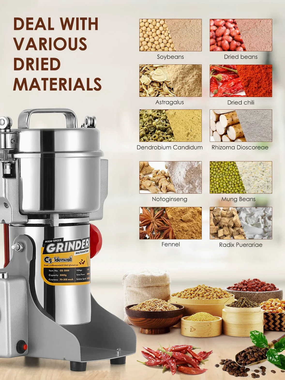 300-2500g Mulino per Cereali CGOLDENWALL Upgraded Open-Cover- Stop Unique Safety Design Grinder Elettrico per Materiale Secco Come Erbe/Cereali/Spezie High Speed Grinding(300g)