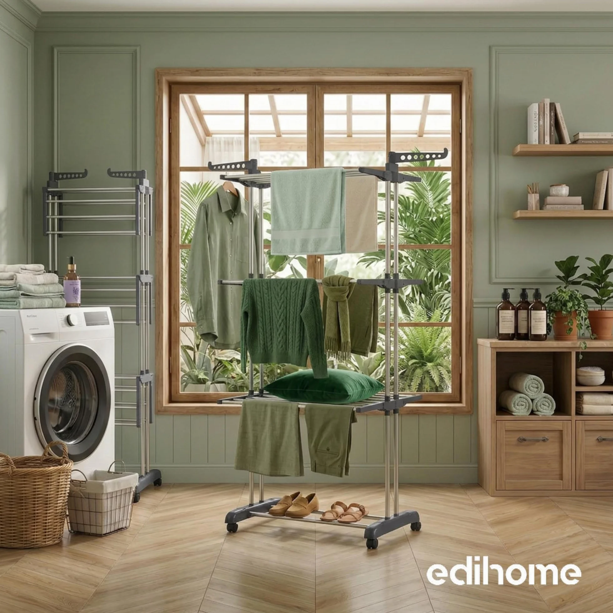 edihome, Stendino Verticale, Stendibiancheria Pieghevole 4 Livelli Con Ali Laterali, 35 Kg Acciaio Inox Con Ruote Salvaspazio Per Interno Ed Esterno (Grigio)