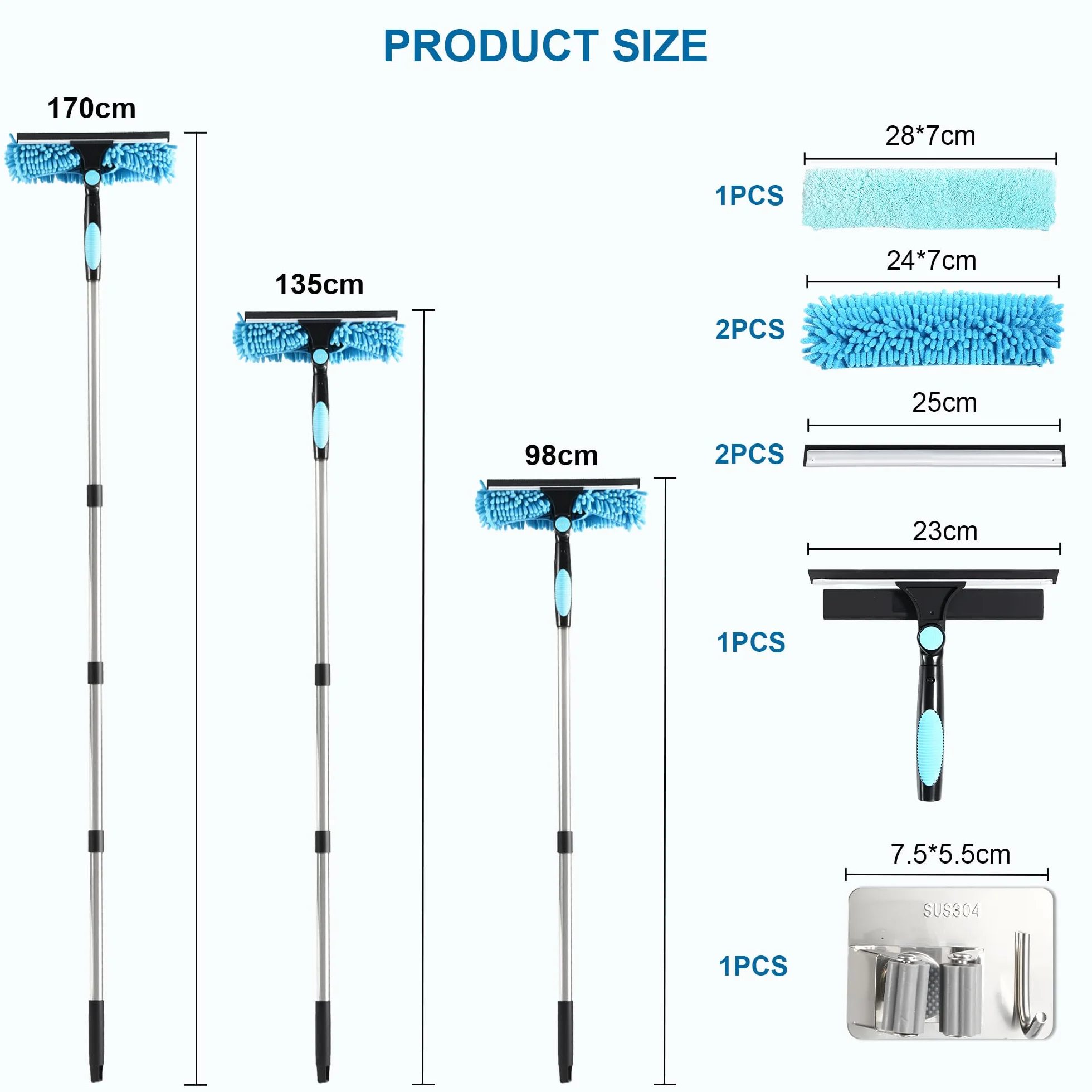 Lavavetri 3 in 1 Professionale con Manico Telescopico 170 cm, Tergicristallo Staccabile per Vetri e Finestre Alte