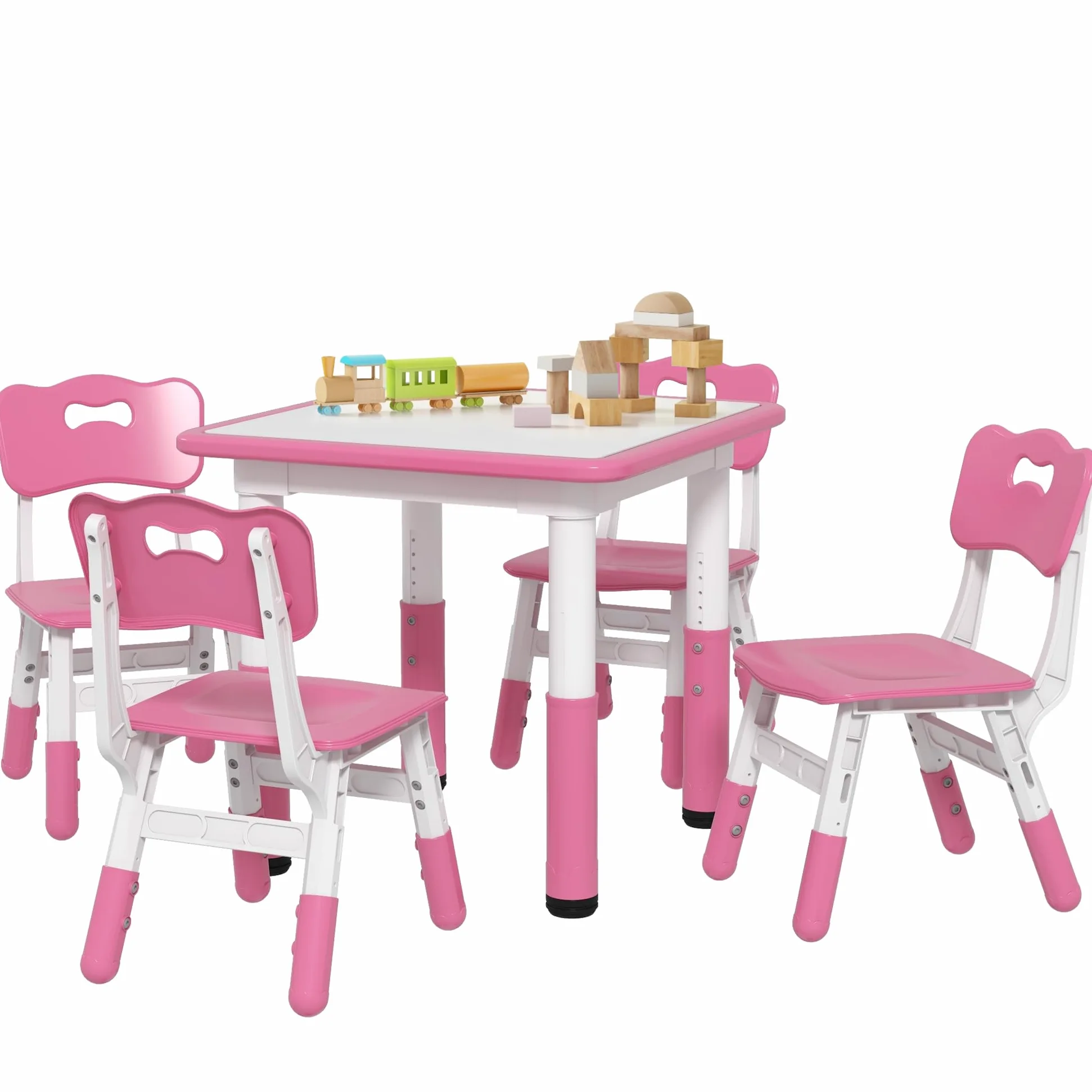 AIYAPLAY Set Tavolino e Sedie per Bambini 18-60 Mesi, Design Salvaspazio, Altezza Regolabile, Tavolo per Bambini con Lavagna per Cameretta, in Legno e PP, per 4 Bambini, Rosa