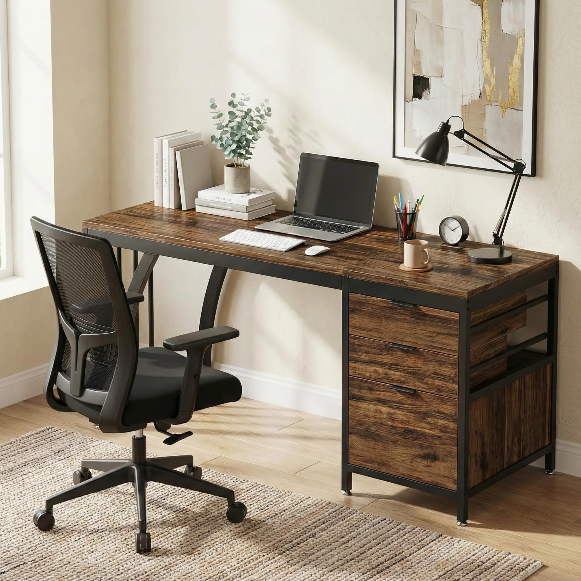 Lailang 150cm Scrivania Computer con 3 Cassetti, Scrittoio Vintage, Scrivania da Studio, Mobili Ufficio Moderni, Scrivania Gaming Marrone, Scrivania Lunga, 150 x 50 x 75 cm, Marrone Rustico