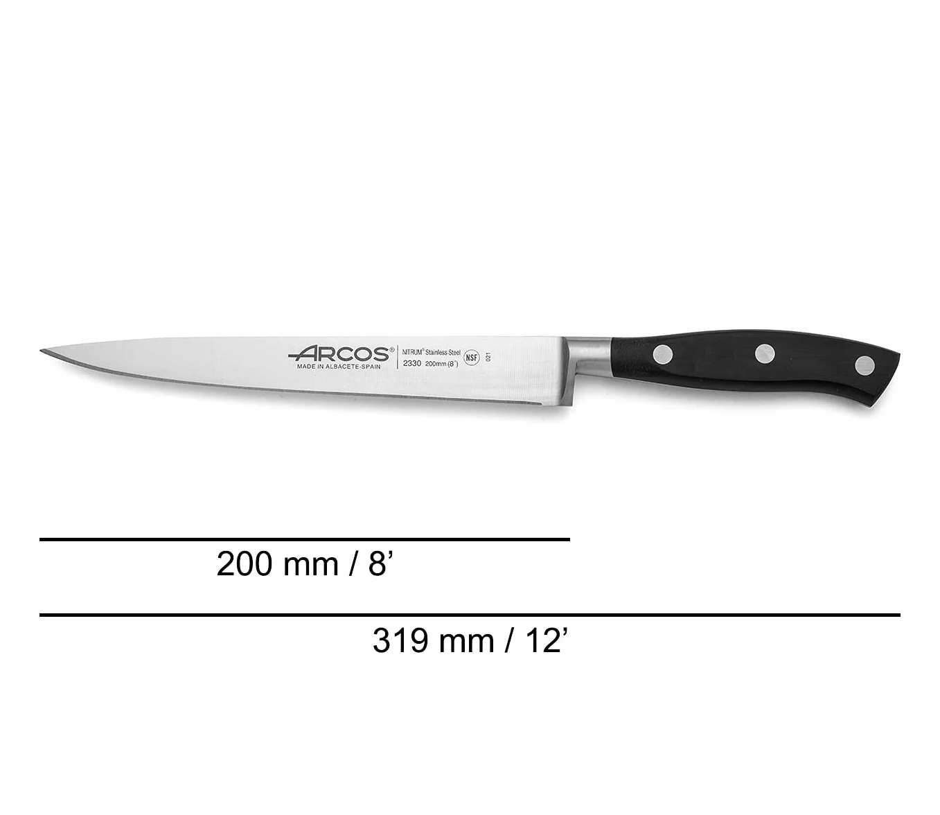 Arcos Coltello per Filettare con Lama in Acciaio Inossidabile Nitrum 200 mm – Manico Ergonomico in Poliossimetilene POM, Ideale per Filettare Carne e Pesce – Nero, Serie Riviera