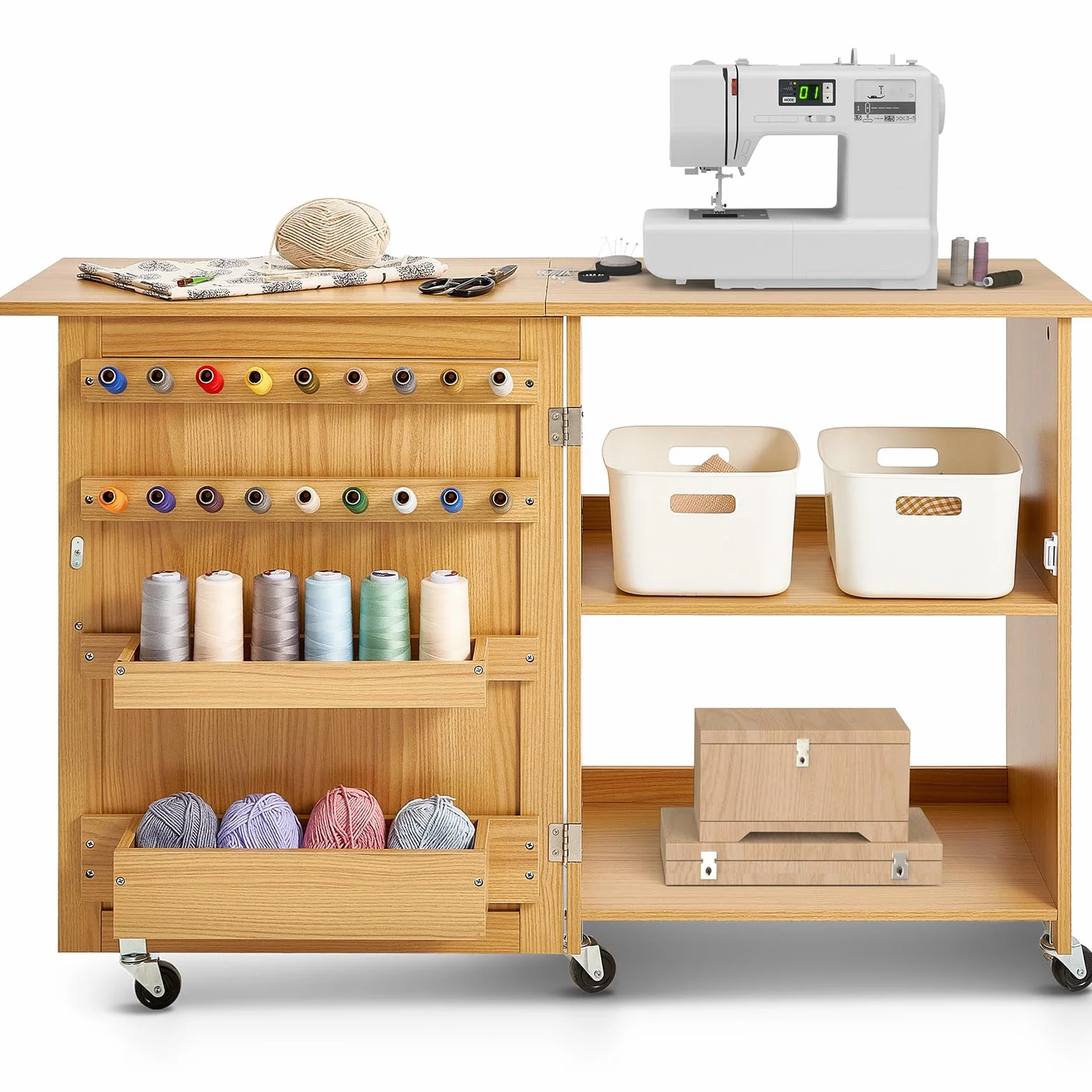 VEVOR Tavolo da Cucito Pieghevole, Tavolo Multiuso per Macchina da Cucire Design Compatto a Rotelle Piano Vassoio Portaoggetti, Pioli in Legno Ante Magnetiche, Mobiletto per Macchina da Cucire