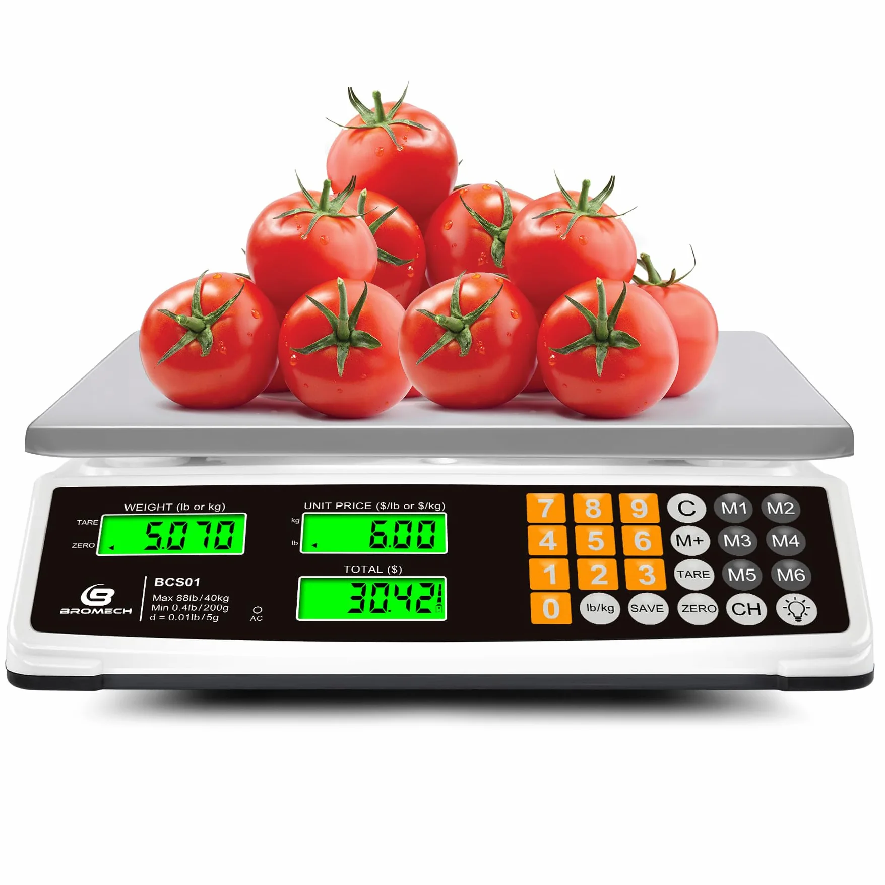 Bilancia per calcolo dei prezzi, 40 kg, bilancia commerciale per alimenti per la pesatura della carne, display LCD e retroilluminazione verde brillante per mercati agricoli, negozi di carne,