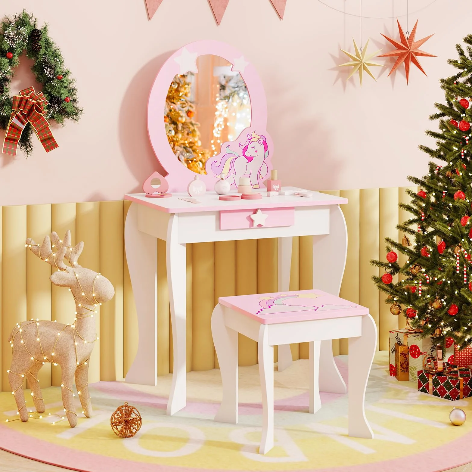 COSTWAY Set Toeletta per Ragazza, Toeletta Trucco per Bambini con Sgabello, Specchio Staccabile e Cassetto, Postazione Trucco in Legno per Cameretta 49.5 x 35.5 x 89cm (Bianco)