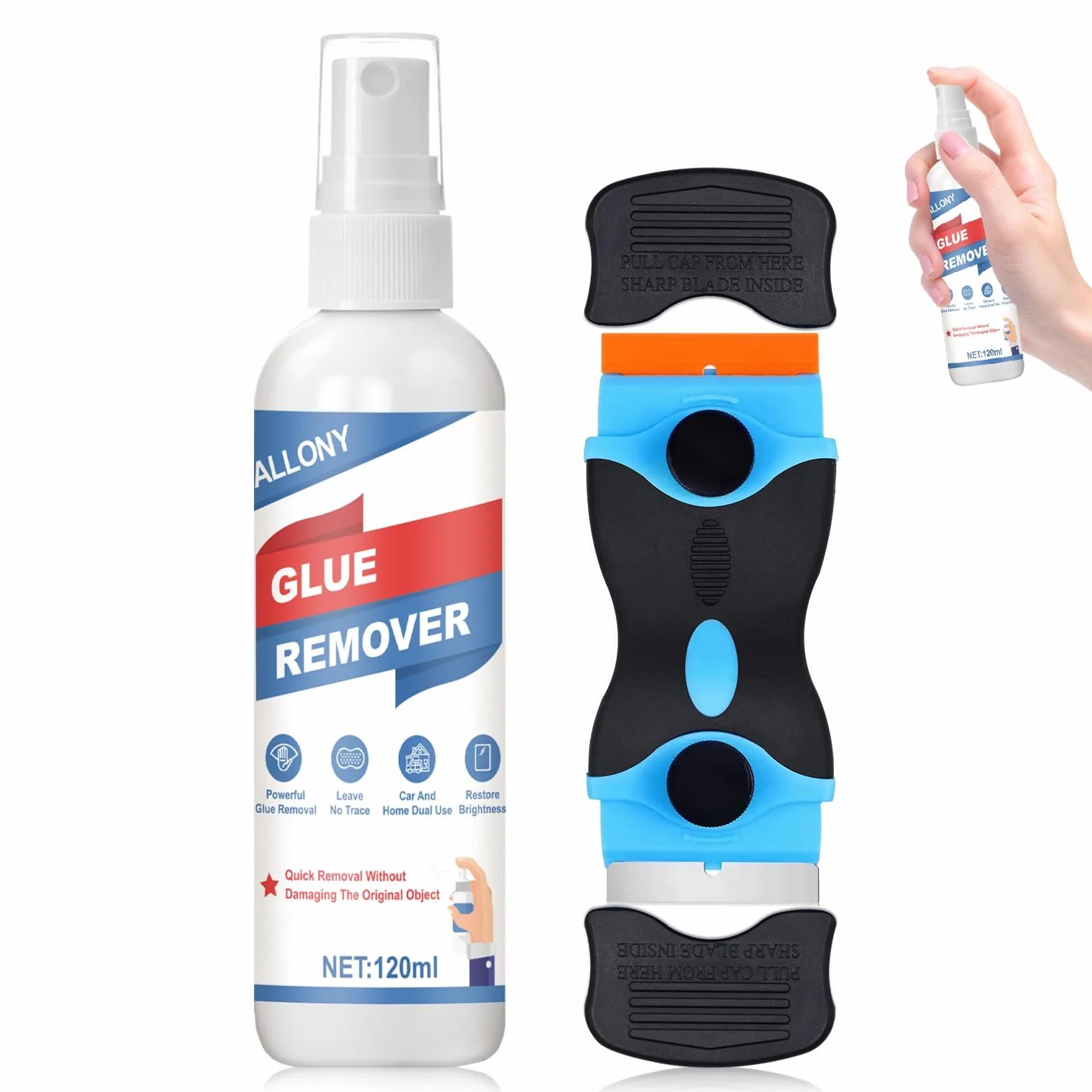 Allony Rimuovi Colla, 120 ml Togli Silicone, Rimuovi Silicone, Rimuovi Colla Adesivi, Dotato di Raschietto Multifunzionale per Rimuovere Velocemente Adesivi, Etichette e Residui di Colla