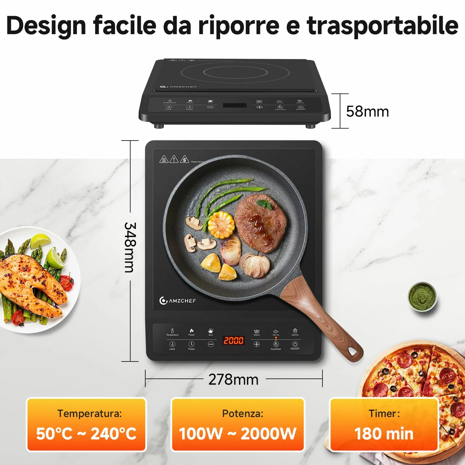 AMZCHEF Piastra a Induzione Portatile, 20 Impostazioni, Design Sottile, Ceramica Nera, Timer 3H