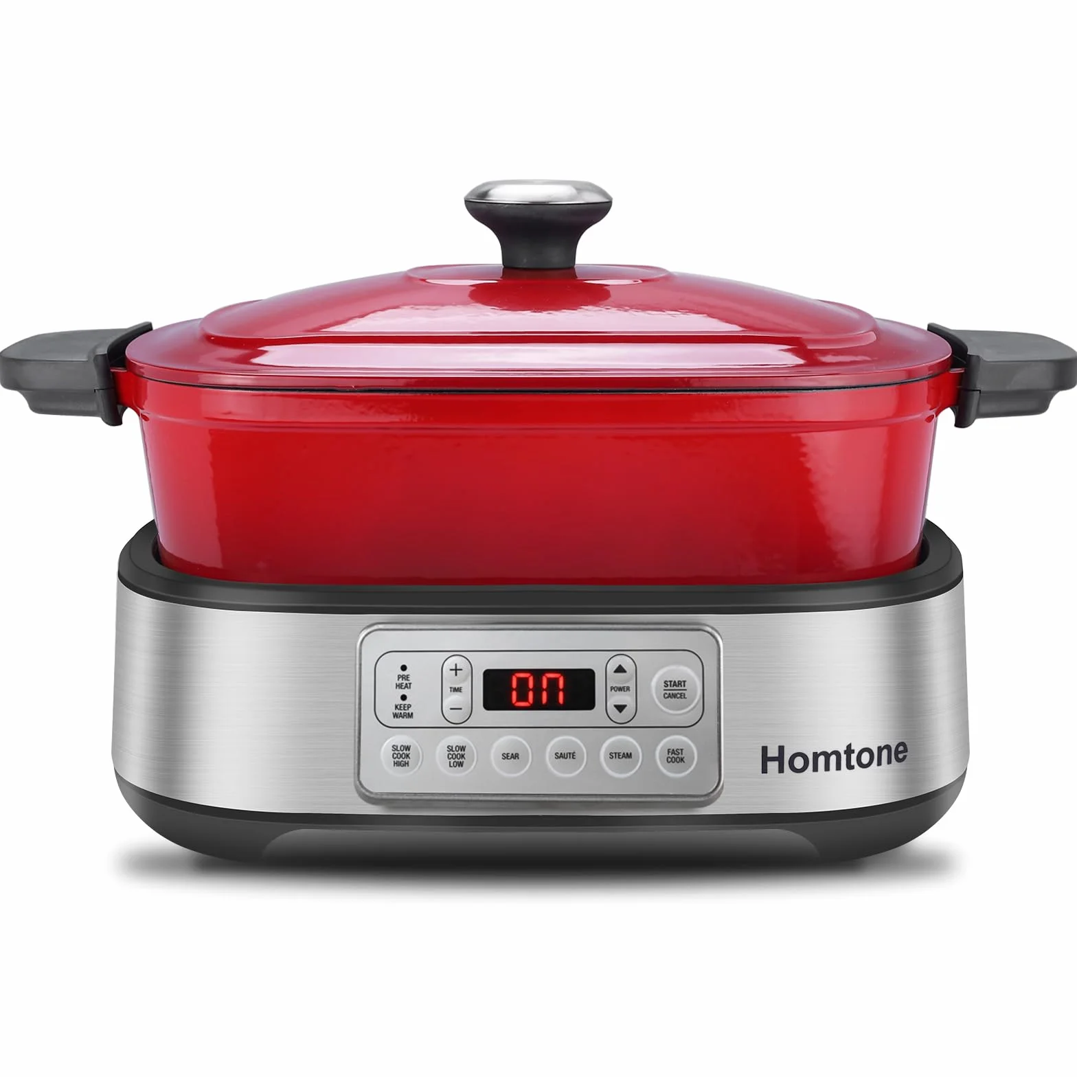 Homtone Casseruola 6 in 1 Slow Cooker, 5,5 l, programmabile, smaltata rimovibile, rivestimento in ceramica, cottura lenta, rosola, cottura a vapore con griglia a vapore, rosso
