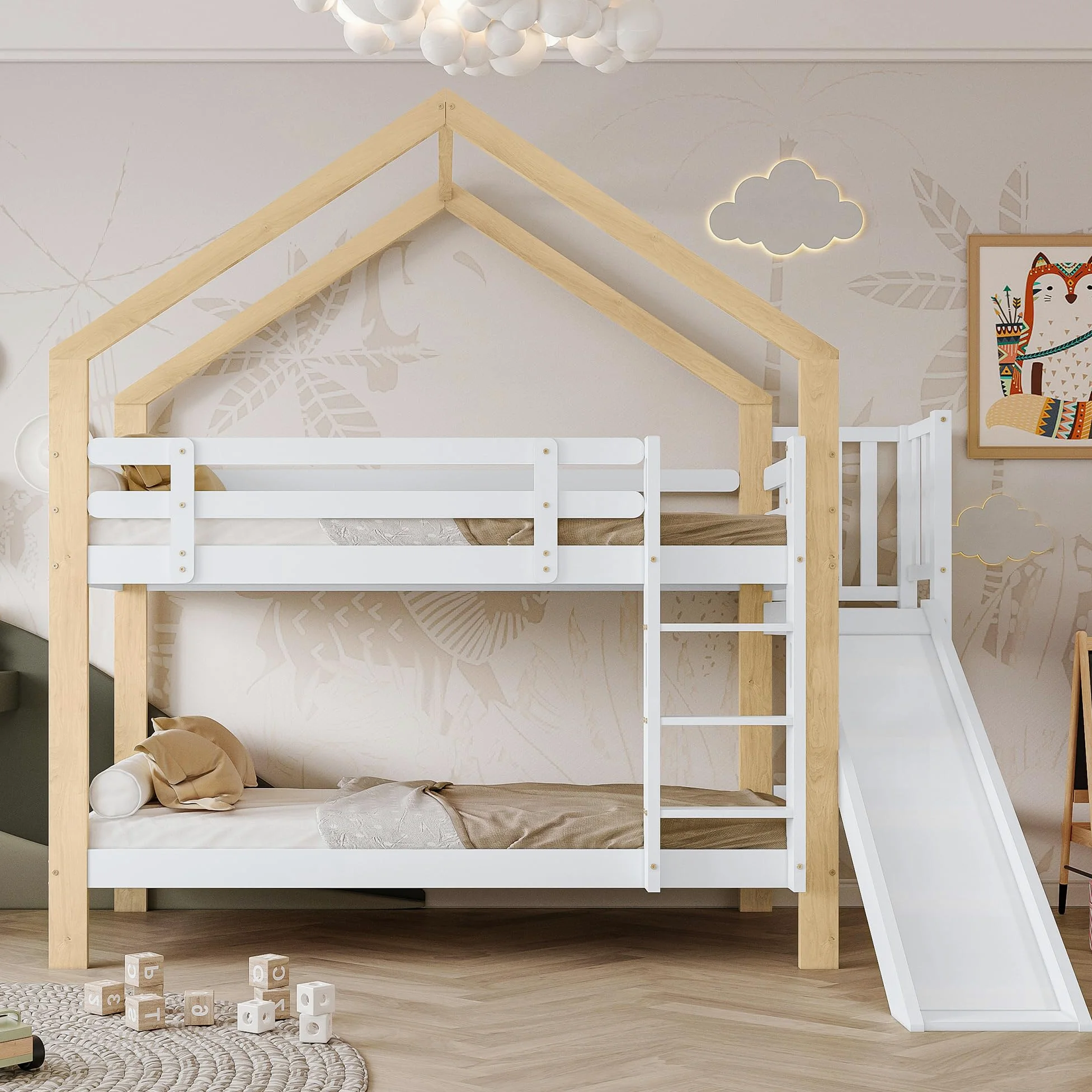 Letto a castello con scivolo e scaletta angolare a tre gradini, letto a casetta con protezione anticaduta, lettino per bambini, telaio letto in legno massello, bianco+naturale, 90x200 cm
