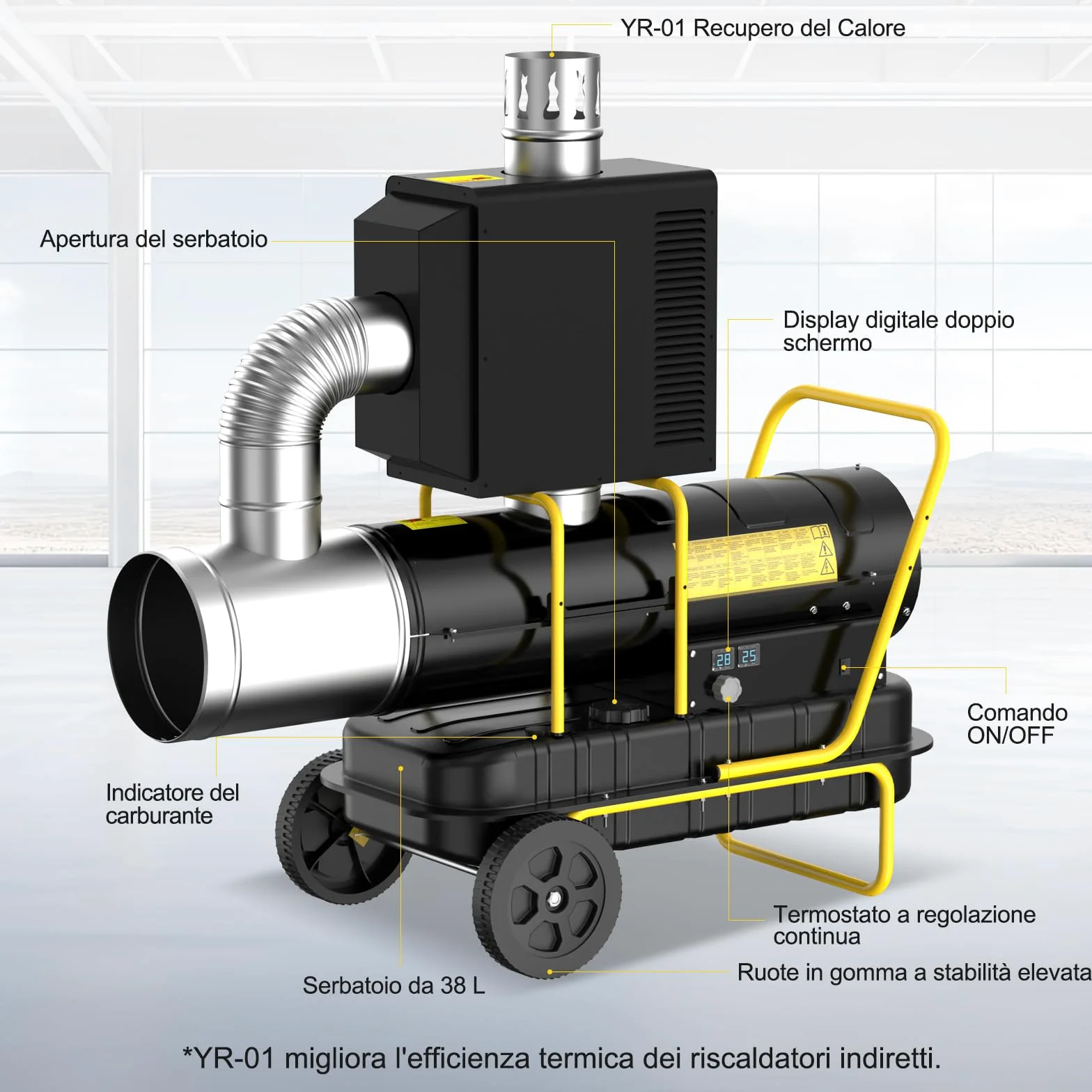 Riscaldatore Diesel Indiretto 20 kW - Termoventilatore Industriale - Serbatoio Grande Capienza 38L - Ruote, Termostato Regolabile - Per Officine, Cantieri, Uso Agricolo