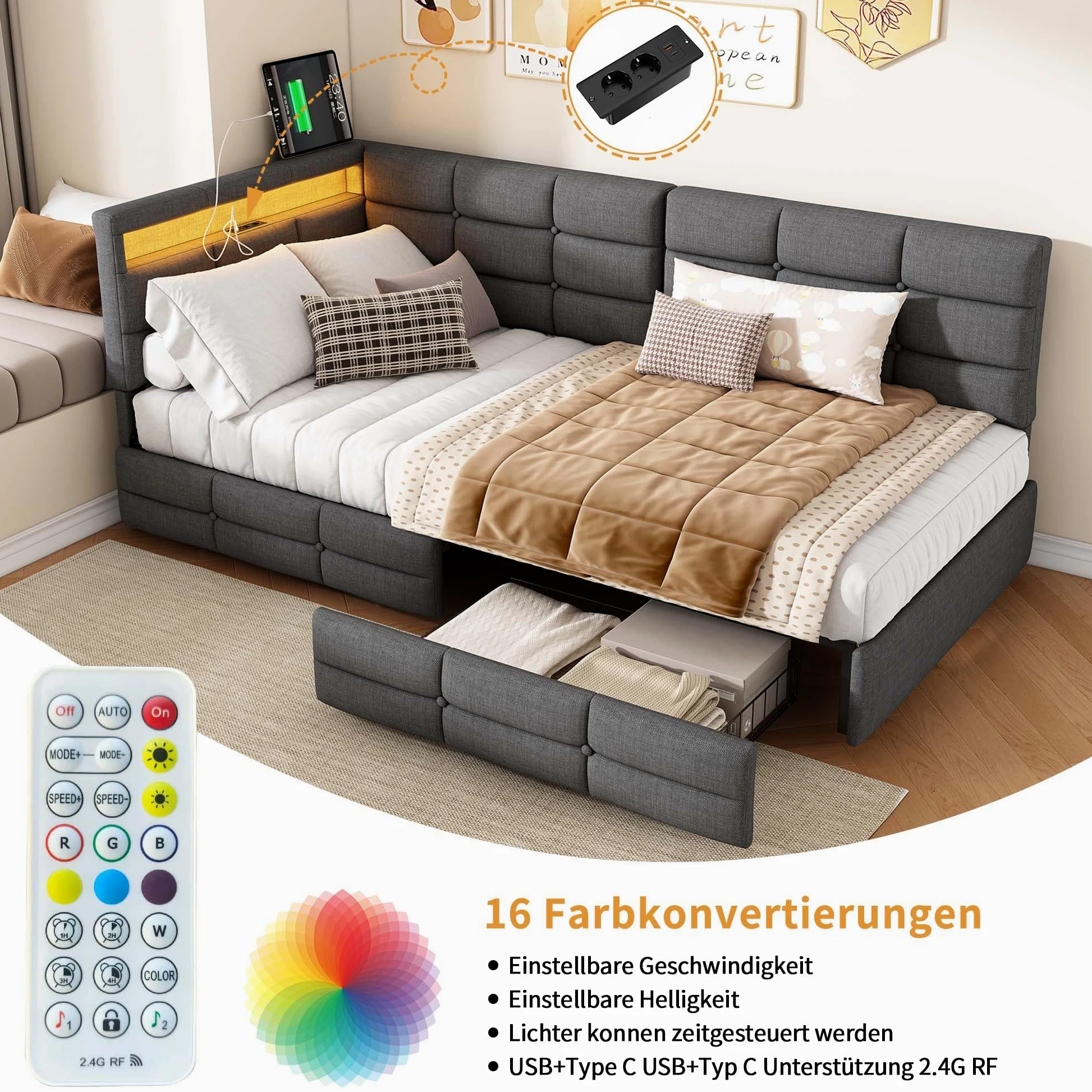 letto singolo 90 x 200 cm, con LED e stazione di ricarica USB, letto per ragazzi con 2 cassetti e rete a doghe, letto per gli ospiti, struttura del letto senza materasso